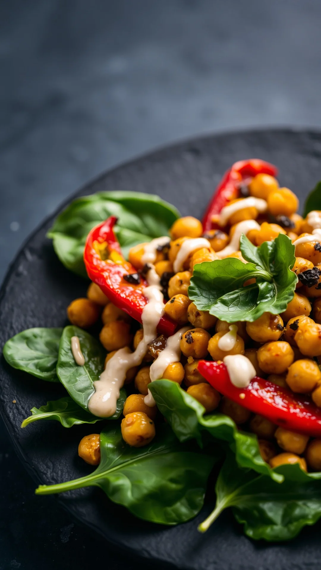 Close-up portrait of roasted multicolored bell peppers and crispy chickpeas salad on a dark slate plate with fresh baby spina