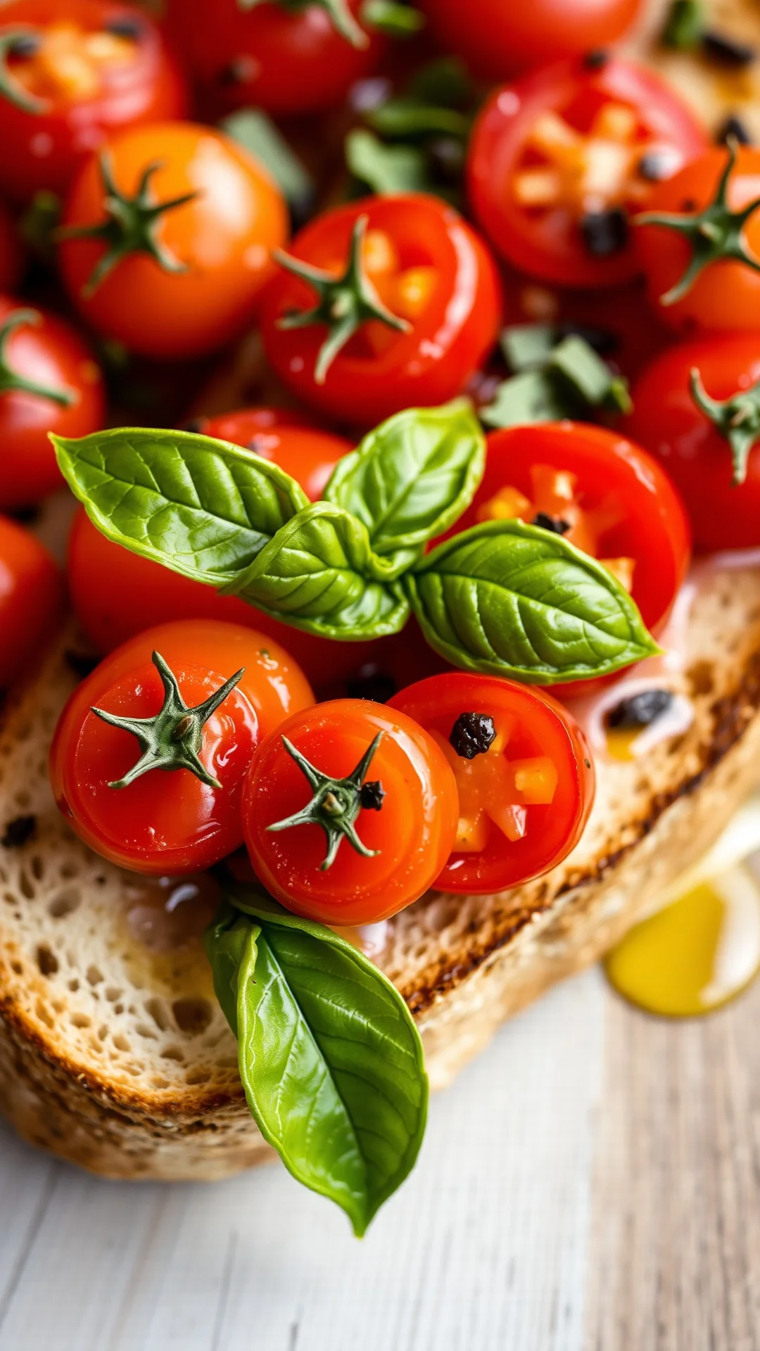 Close-up portrait of rustic bruschetta with colorful cherry tomatoes, fresh basil leaves and olive oil on artisan bread, vibr