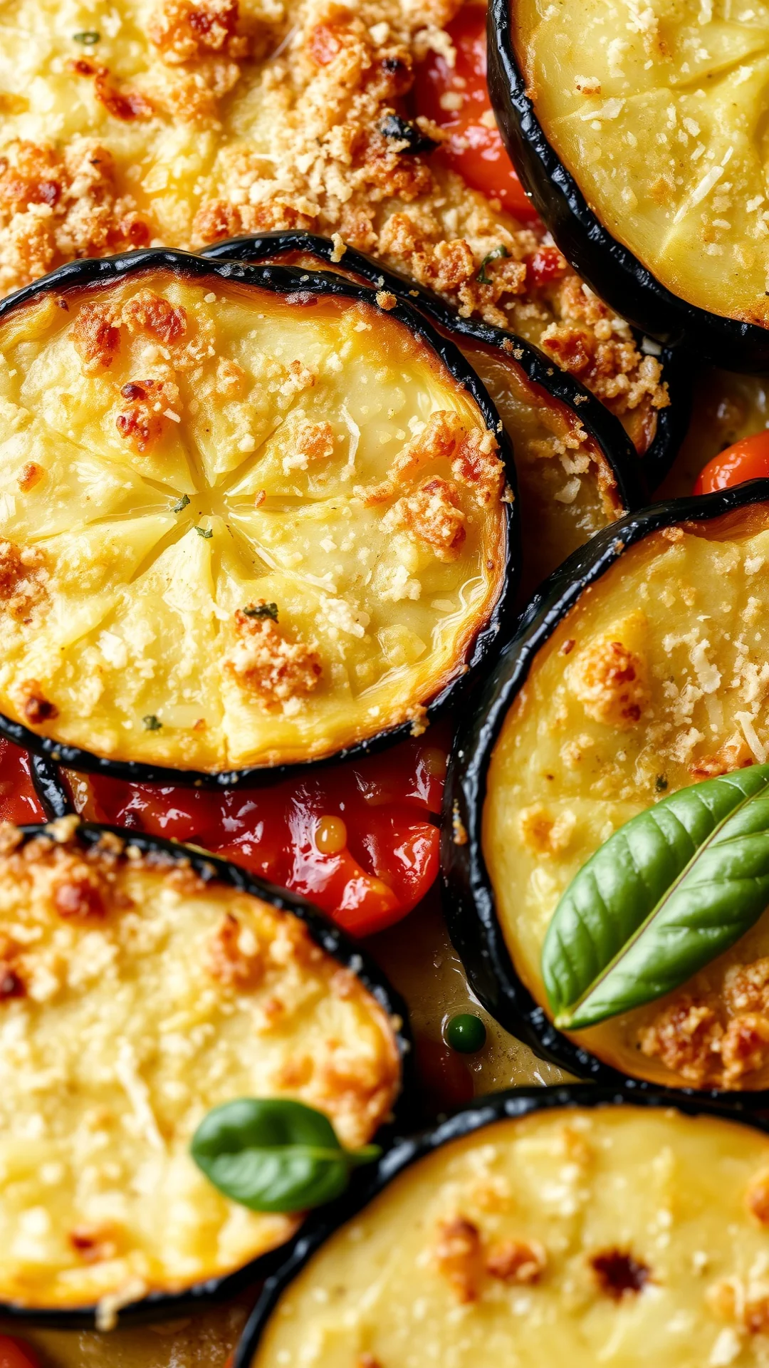 Close-up portrait of rustic Provençal tian with overlapping courgette tomato aubergine slices, parmesan crust, golden baked,