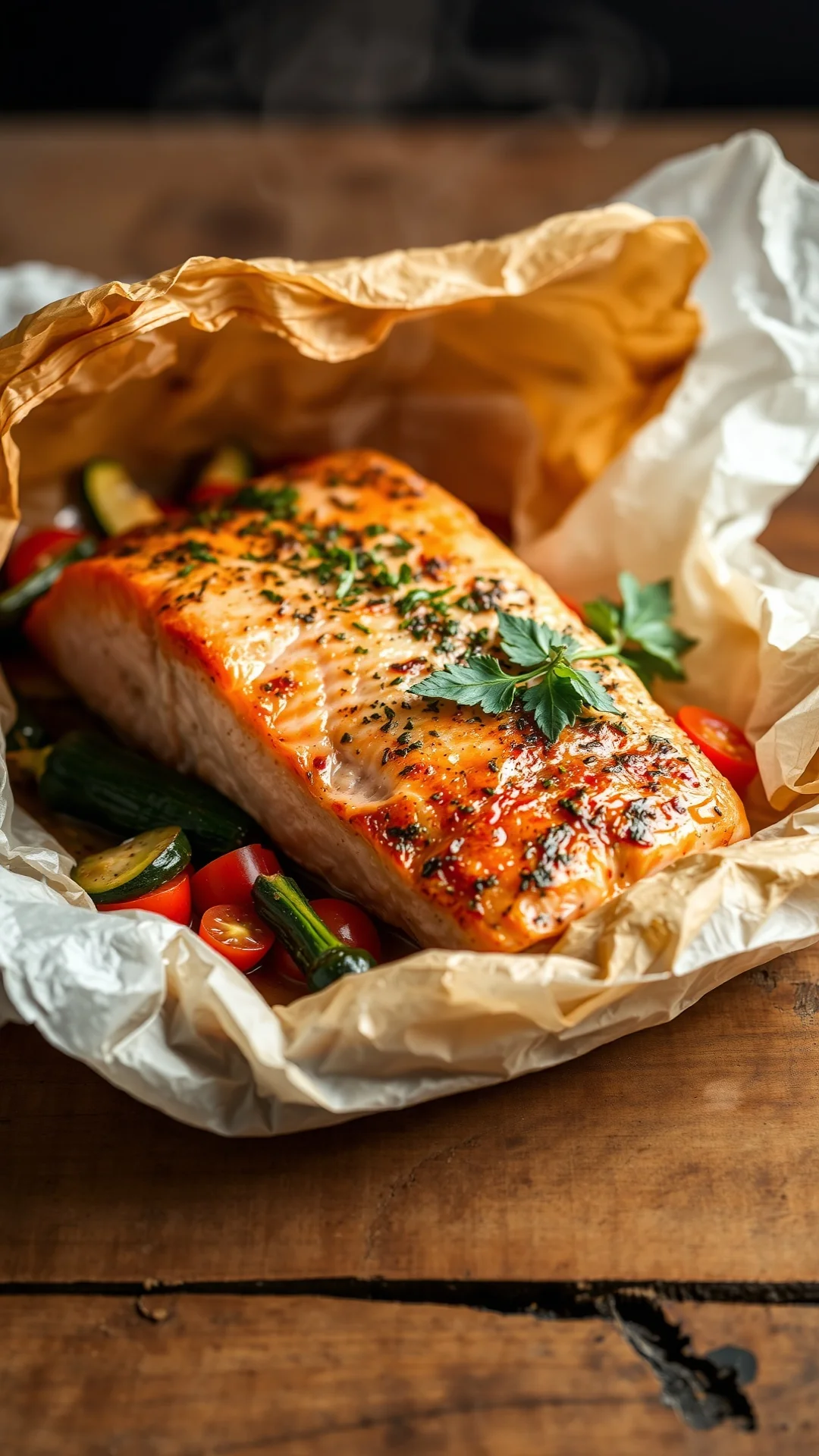 Close-up portrait of salmon en papillote opened with zucchini peppers tomatoes herbs, steam rising, rustic wooden table, 9:16