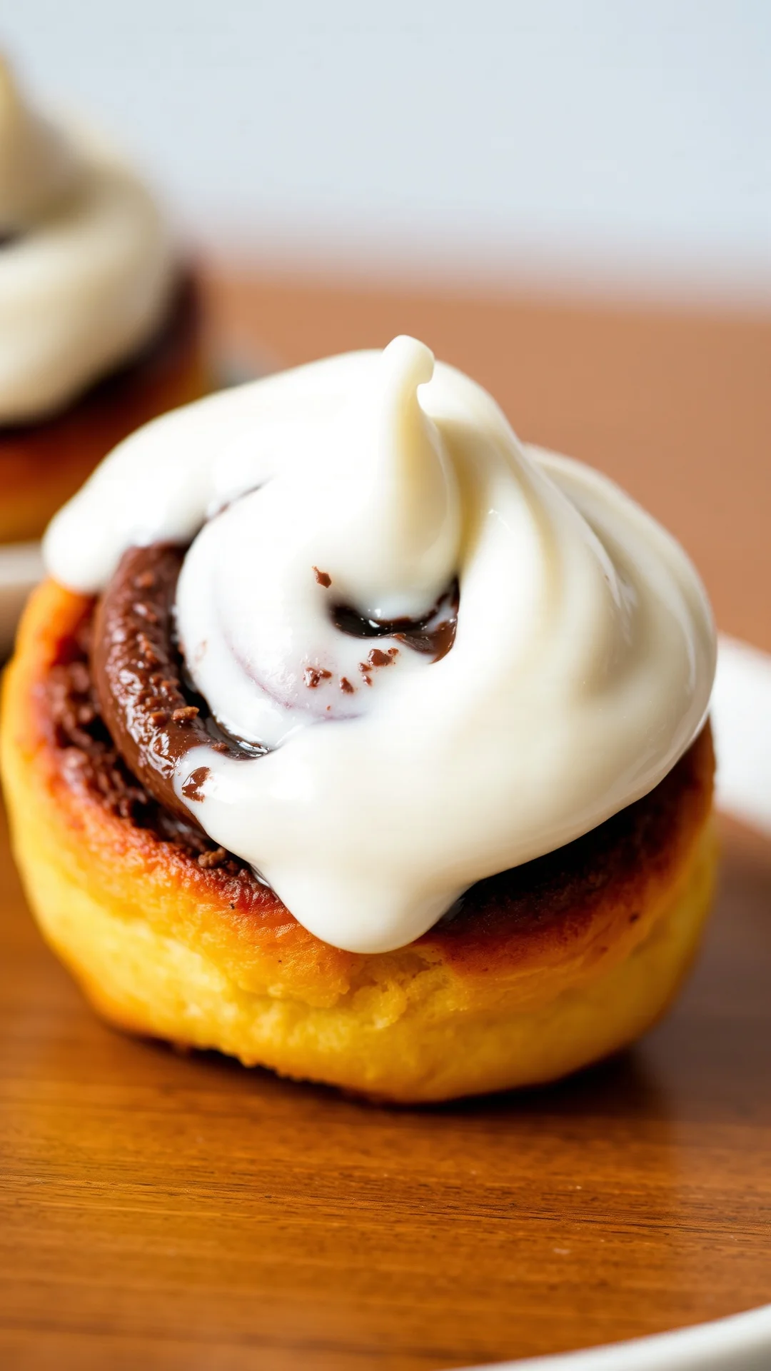 Close-up portrait of single chocolate cinnamon roll with generous white cream cheese frosting, chocolate swirl visible, melti