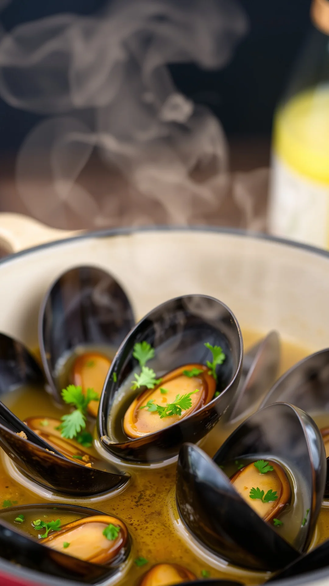 Close-up portrait of steaming moules marinières in white wine broth with fresh parsley, rustic pot, seaside atmosphere, 9:16