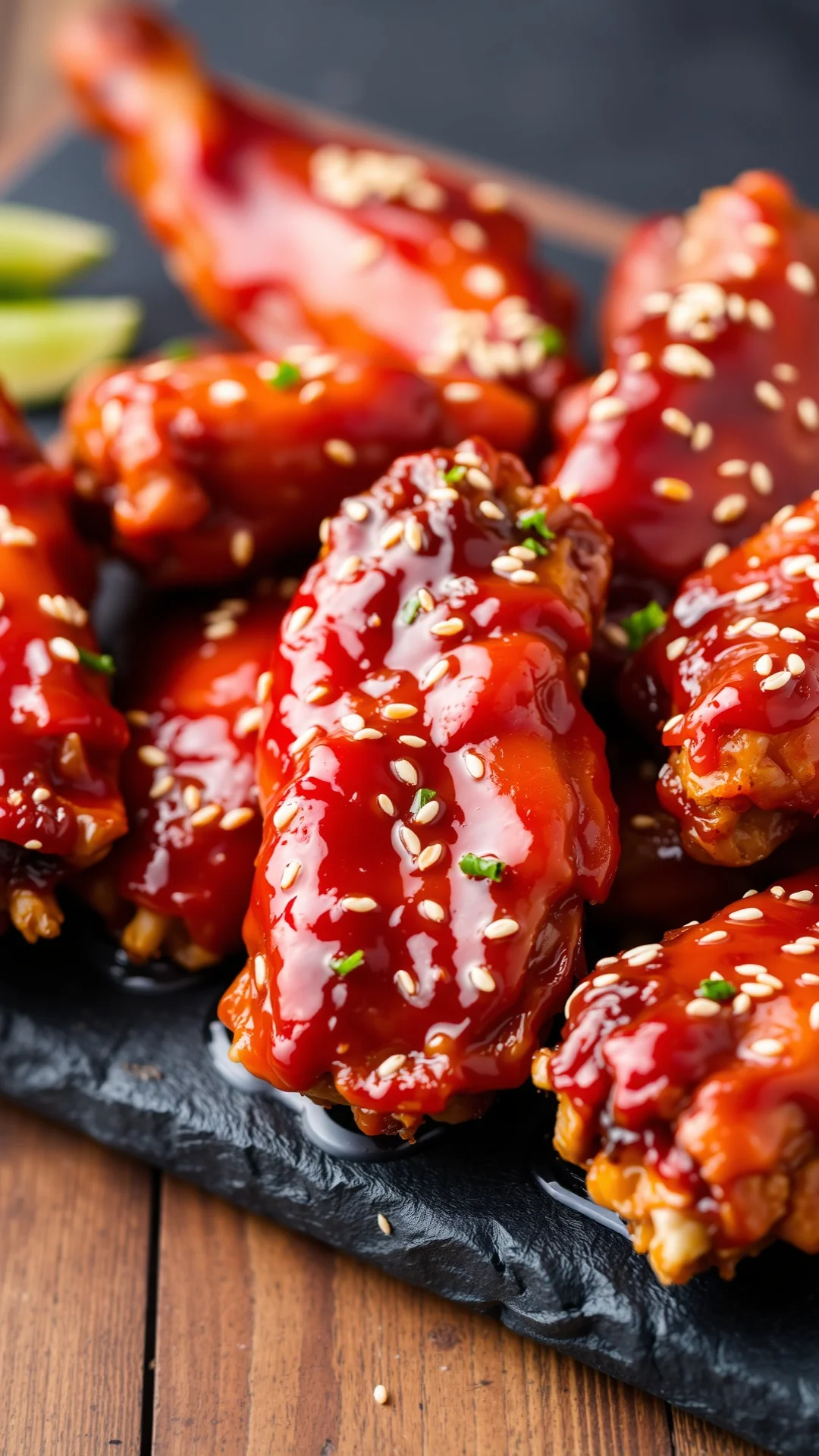 Close-up portrait of sticky honey sriracha glazed chicken wings with sesame seeds on dark slate board, caramelized glossy fin