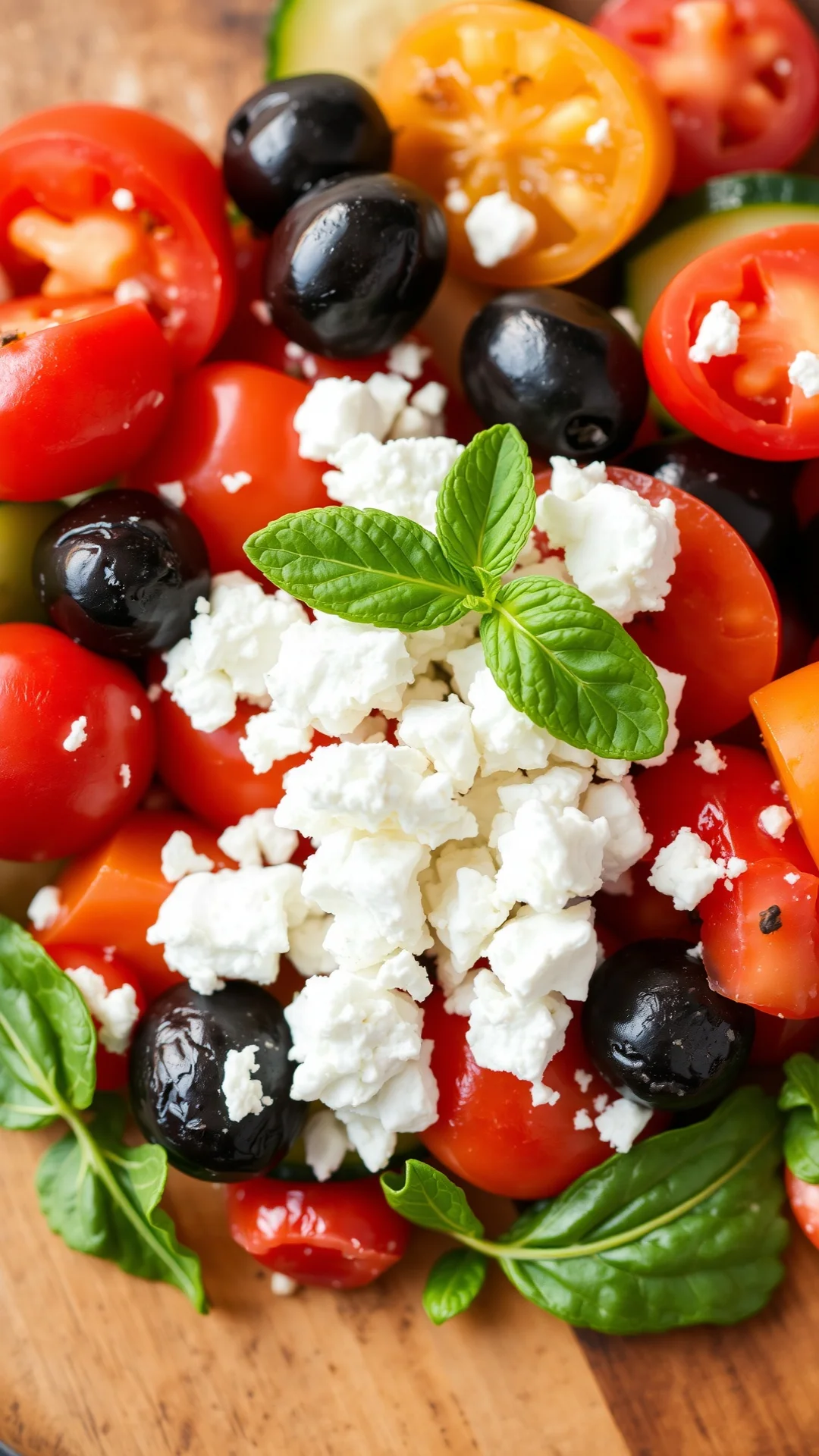 Close-up portrait of vibrant Greek salad with colorful cherry tomatoes, cucumber slices, crumbled white feta, black olives an