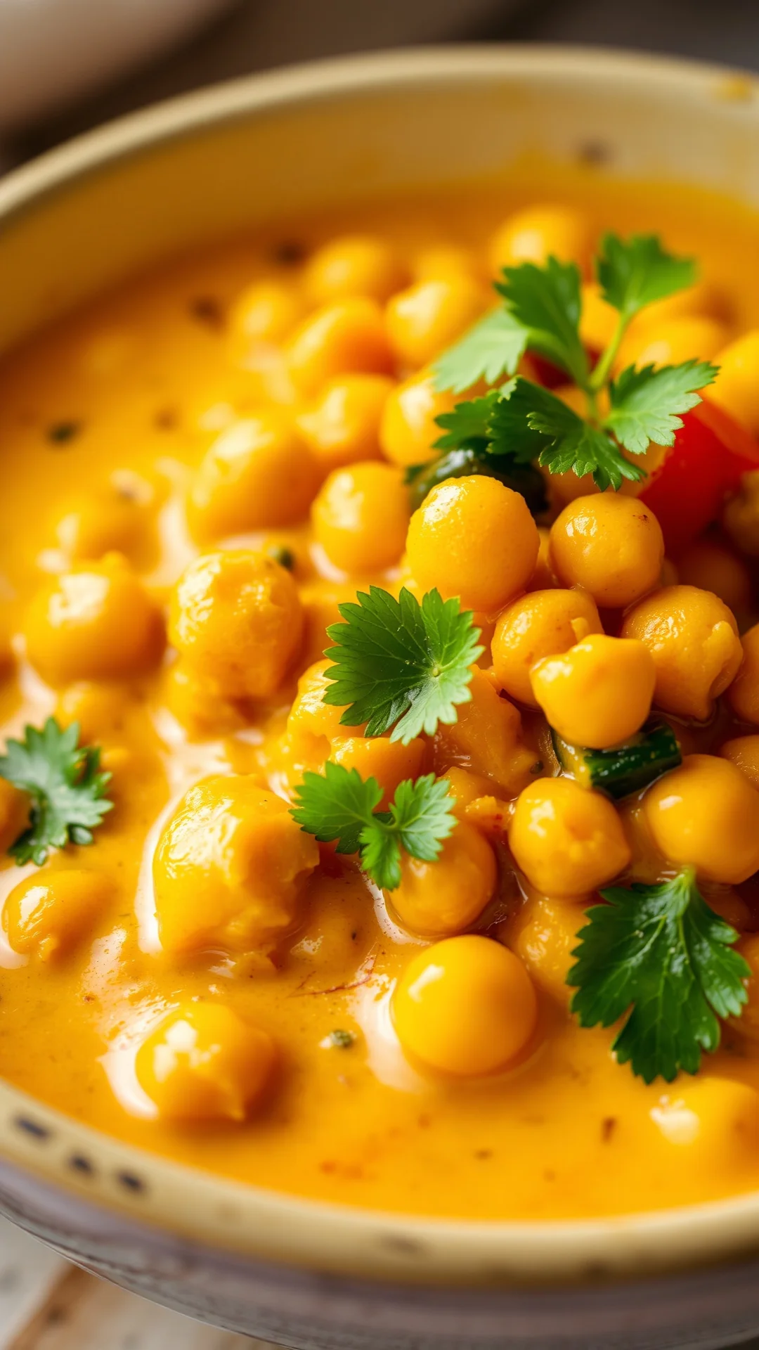 Close-up portrait of vibrant yellow vegetable coconut curry with chickpeas, courgettes, peppers and coriander in ceramic bowl