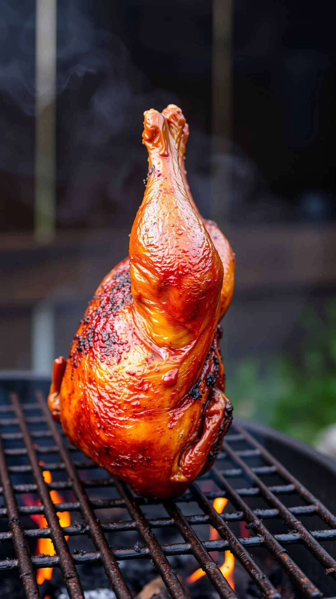 Close-up portrait of whole smoked beer can chicken standing upright on barbecue grill, crispy golden skin, smoky atmosphere,