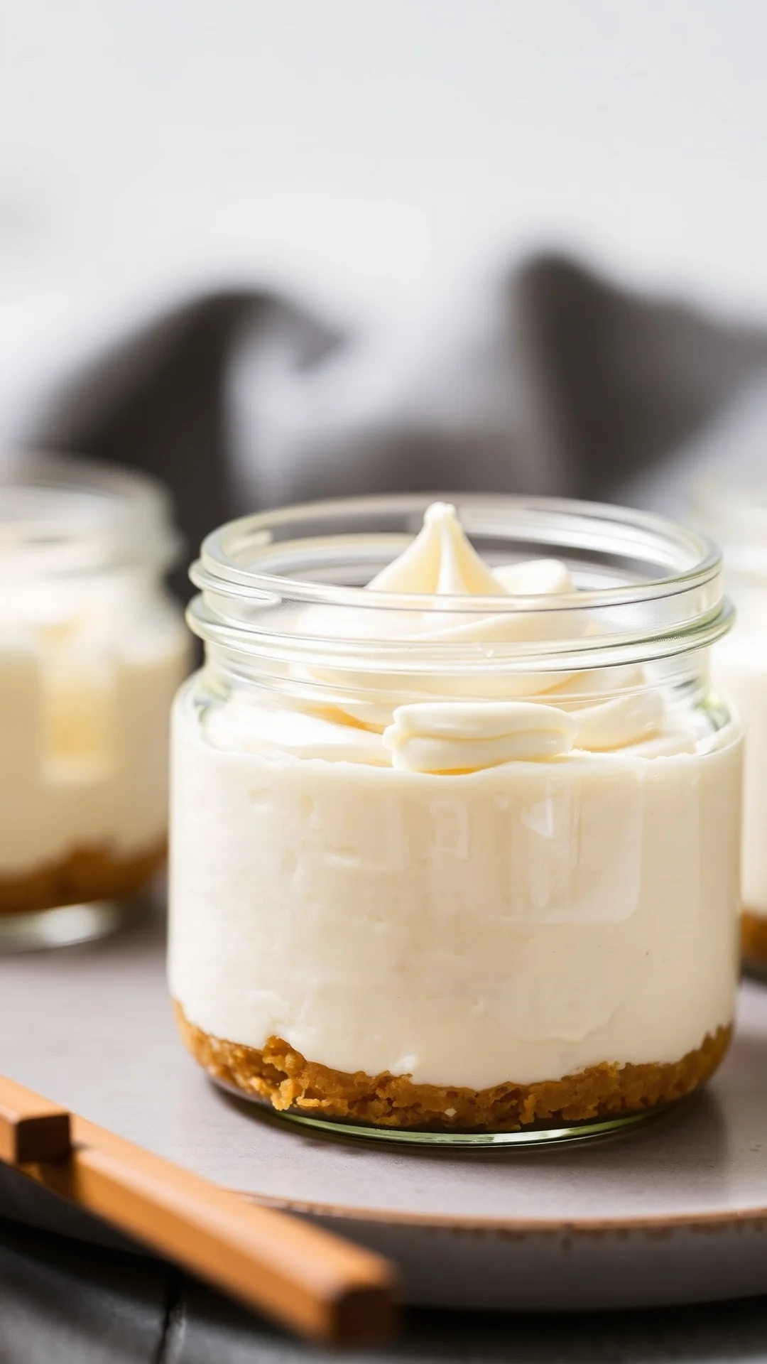 Close-up portrait shot of a classic no-bake vanilla cheesecake in a glass jar, creamy white filling on golden biscuit crust,