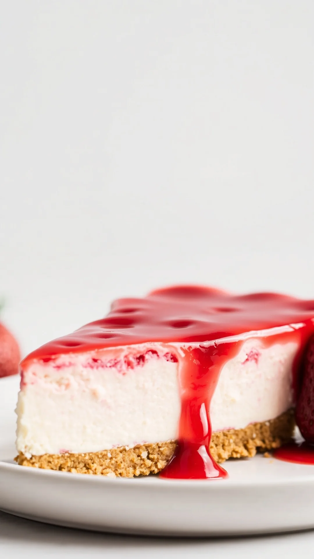 Close-up portrait shot of a classic strawberry cheesecake slice on a white plate, vibrant red strawberry glaze, golden biscui