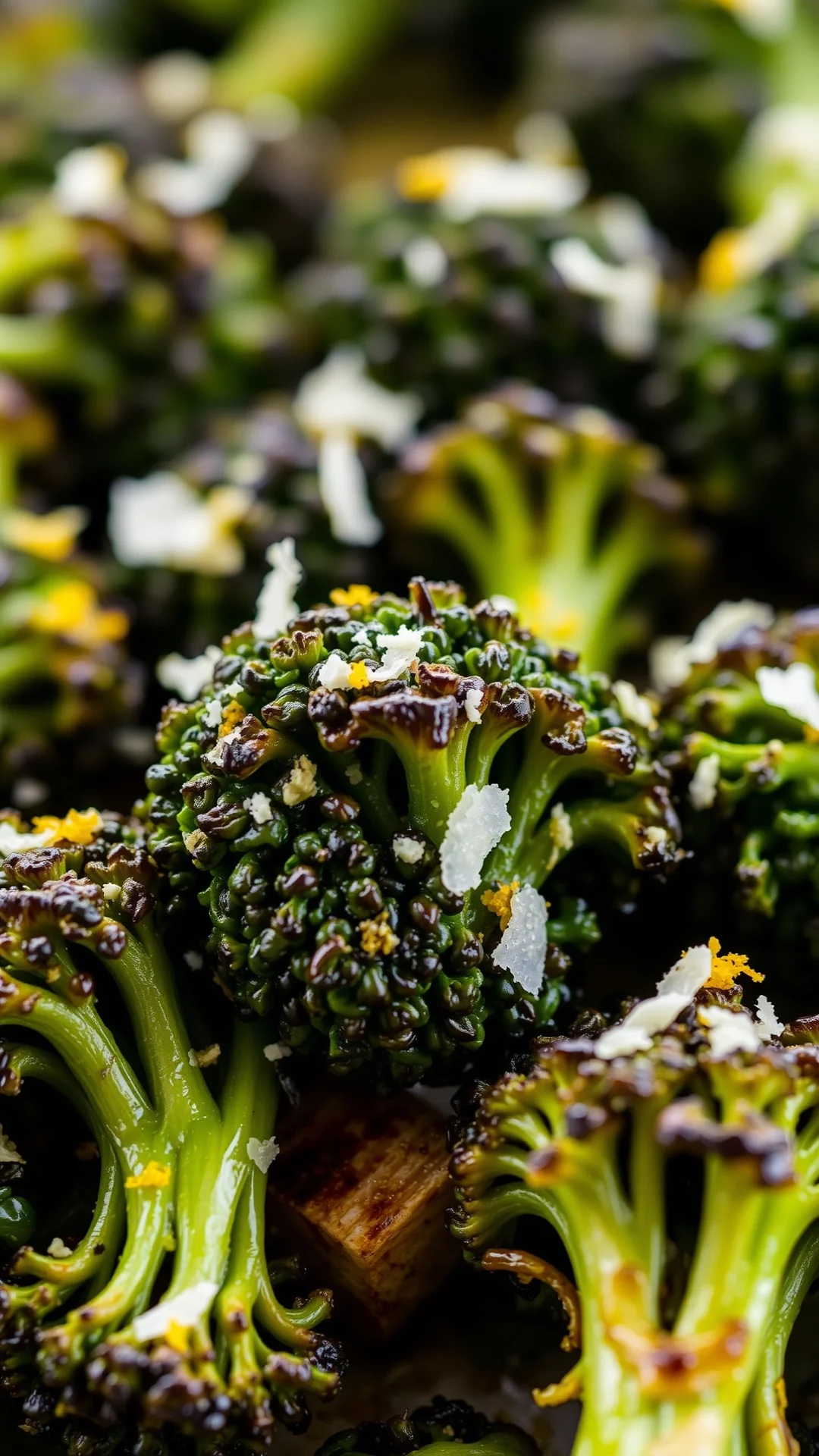 Close-up roasted broccoli florets charred edges parmesan cheese flakes lemon zest drizzle 9:16 portrait food photography