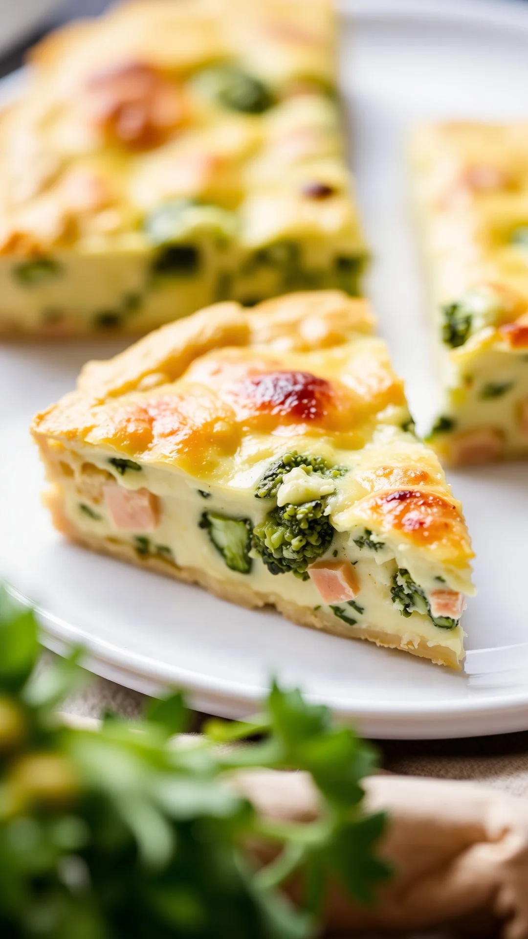 Close-up slice of creamy broccoli salmon quiche on white plate, melted cheese top, soft interior texture, golden pastry edge,