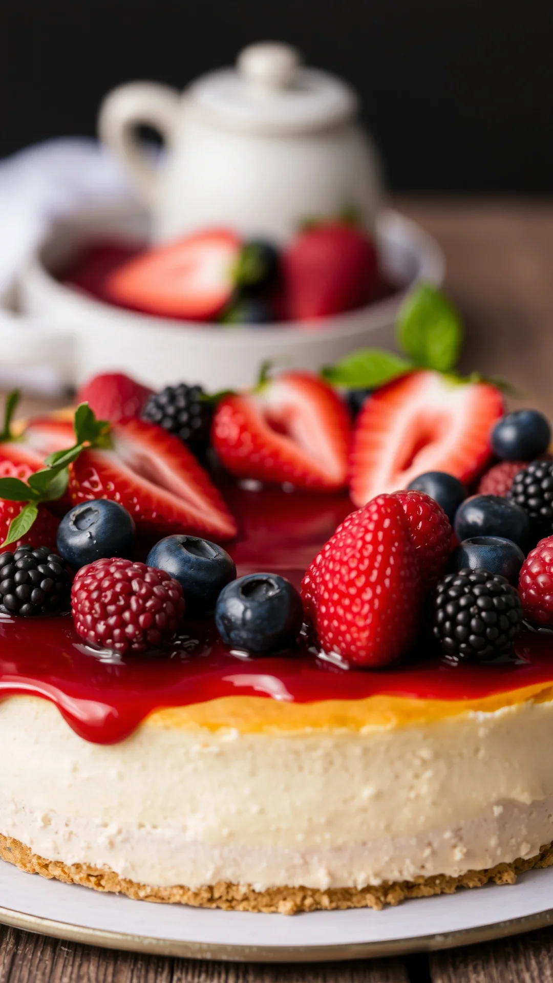 Close-up vertical photo of a mixed berry cheesecake topped with fresh strawberries raspberries and blueberries, glossy red ja