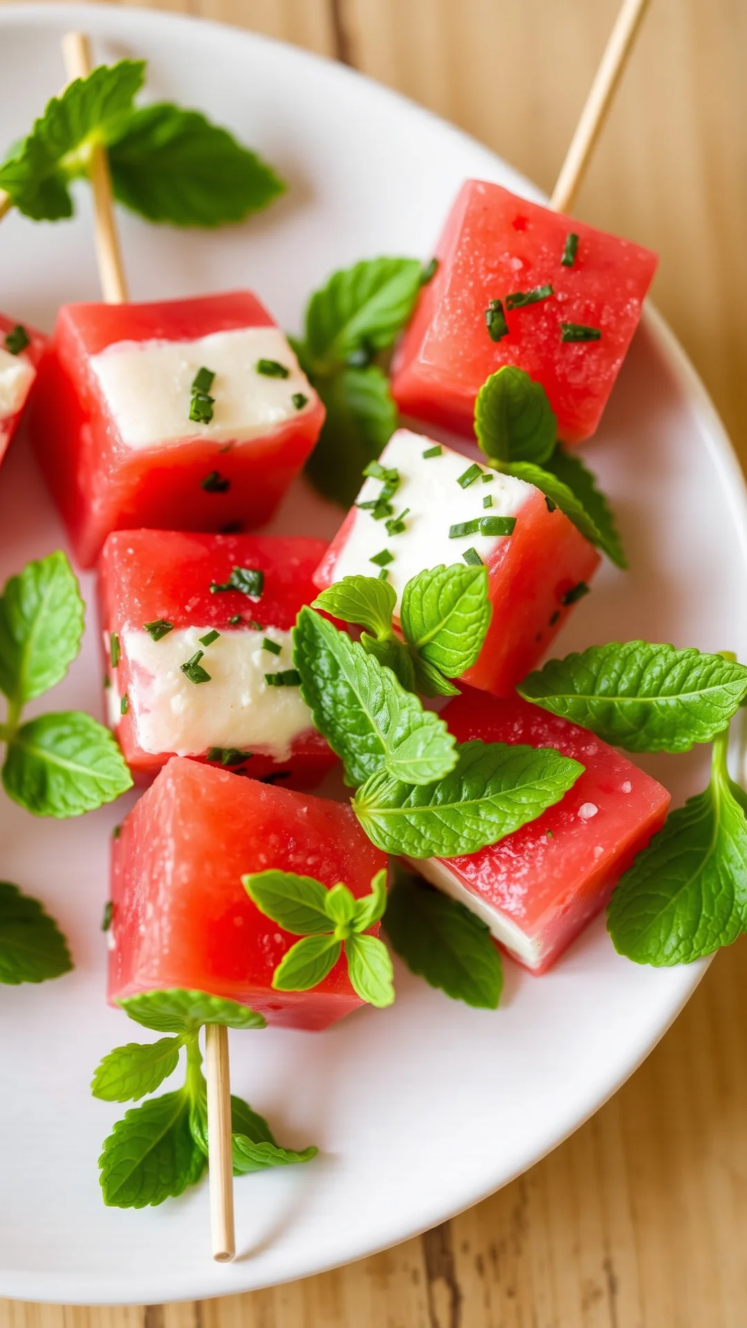 Close-up vertical photo of watermelon feta mint skewers on a white plate, vibrant pink and white cubes with fresh green herbs