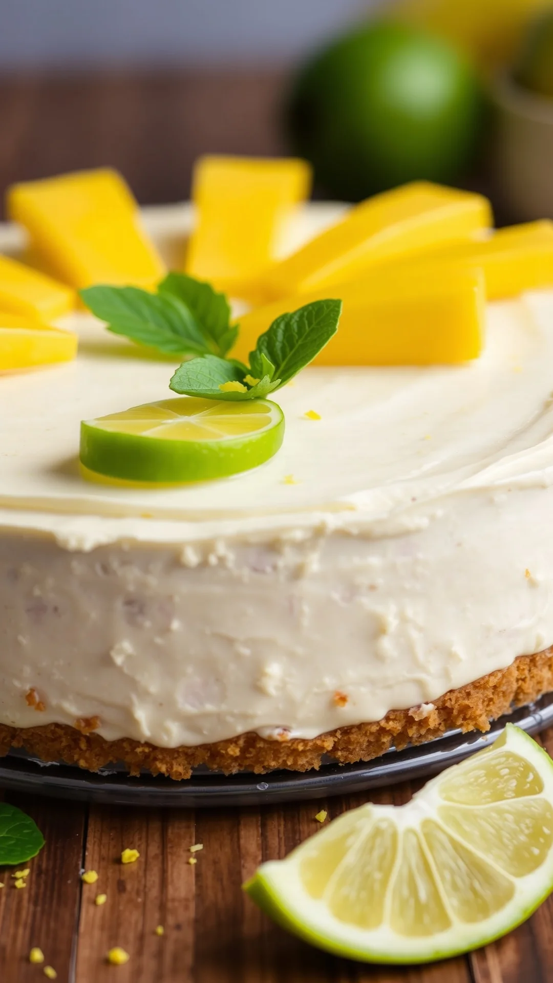 Close-up vertical shot of tropical lime and mango no-bake cheesecake, fresh mango slices, lime zest garnish, bright and color