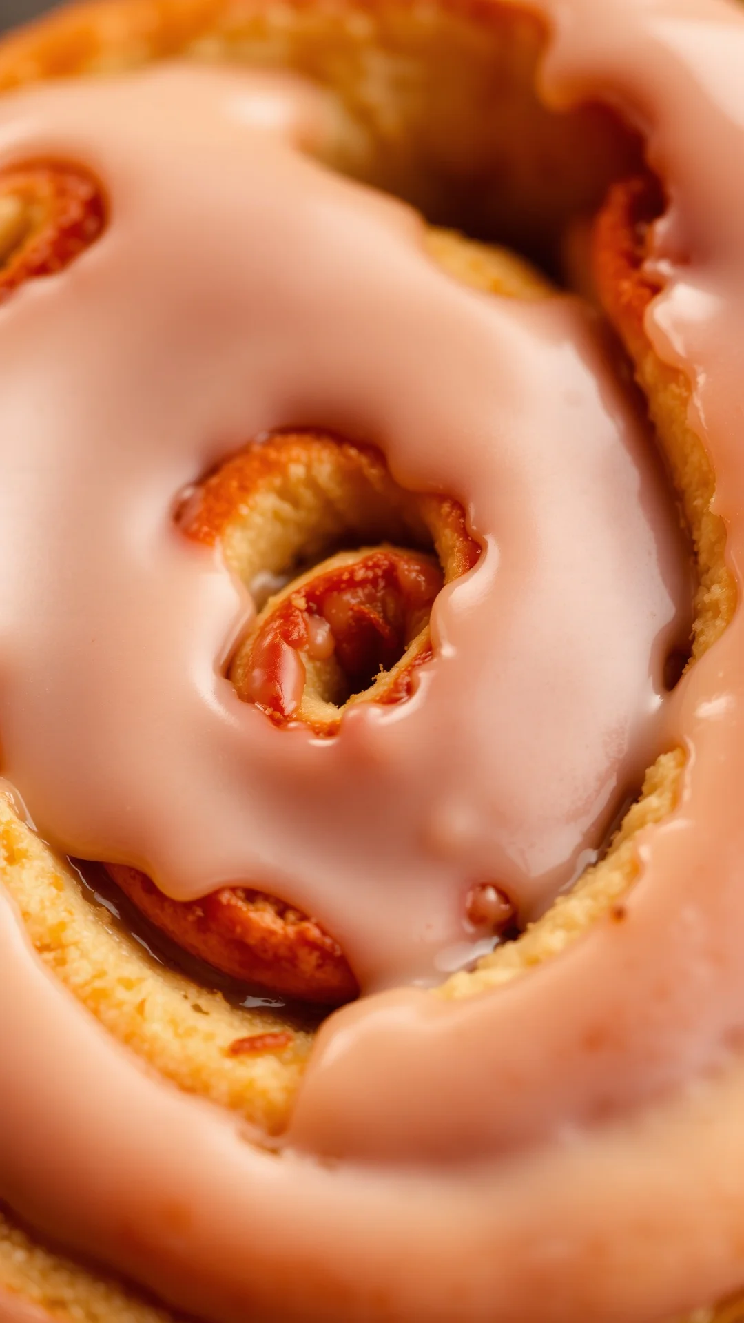 Closeup detail of cinnamon roll spiral with vanilla icing, soft warm lighting, creamy glaze texture, freshly baked pastry, pr