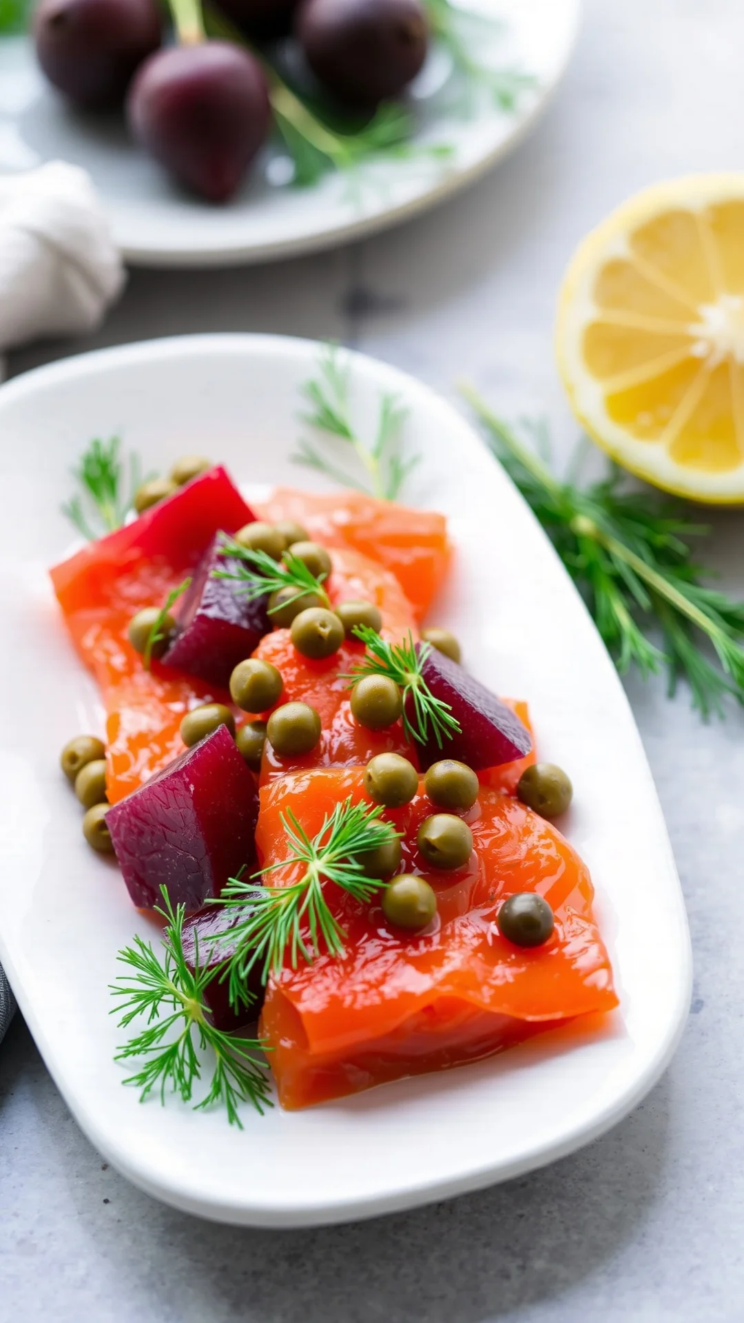 Closeup of cured salmon gravlax with beets, fresh dill, capers and lemon on white ceramic plate, professional food photograph