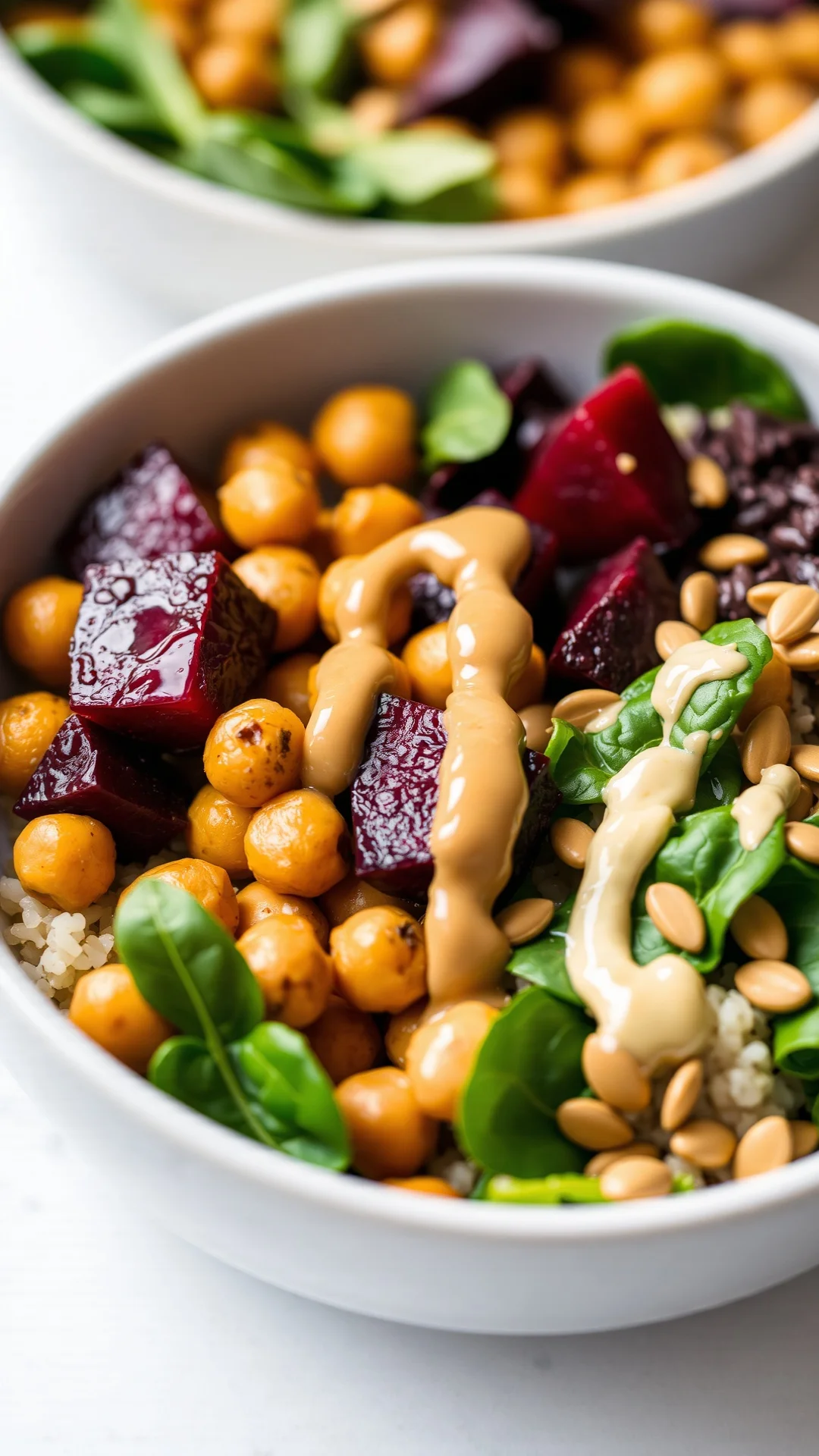 Colorful Buddha bowl with roasted chickpeas, beet chunks, wild rice, fresh spinach, pumpkin seeds, tahini drizzle, nutritious