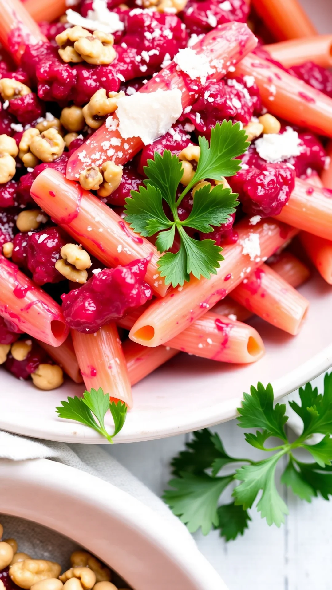 Colorful Italian pasta dish with beetroot sauce, walnuts, parmesan cheese, penne or fusilli pasta, garnished with fresh parsl