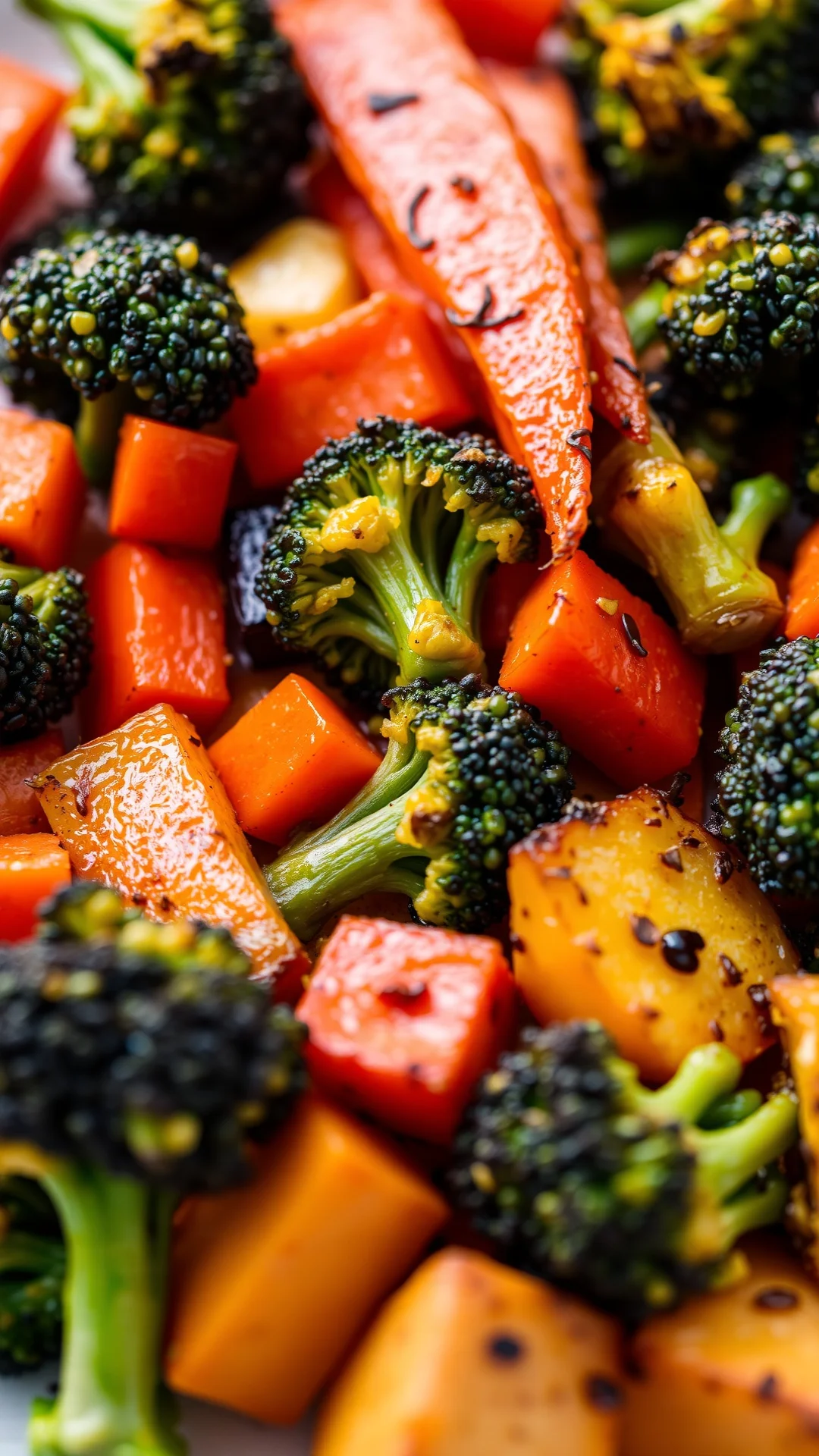 Colorful roasted vegetables broccoli carrots squash on white plate, vibrant colors, close-up food photography