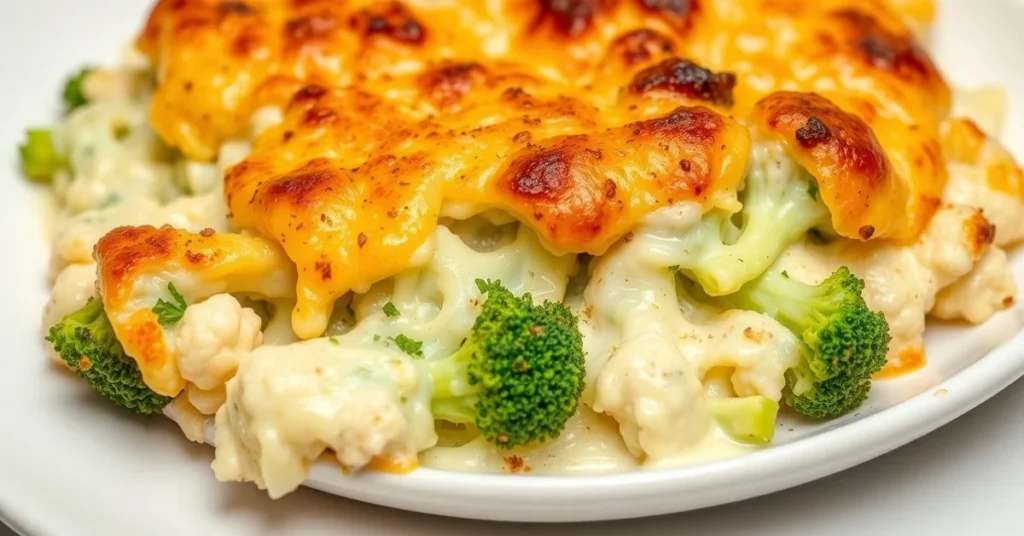 Creamy baked broccoli cauliflower gratin with melted cheese crust, golden brown top, fresh vegetables, comfort food, appetizi