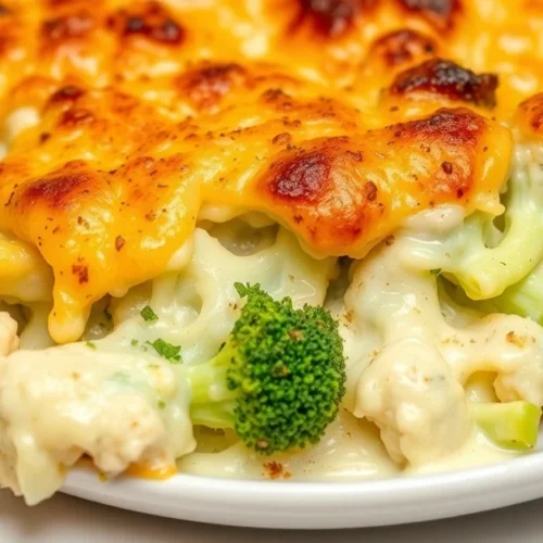 Creamy baked broccoli cauliflower gratin with melted cheese crust, golden brown top, fresh vegetables, comfort food, appetizi
