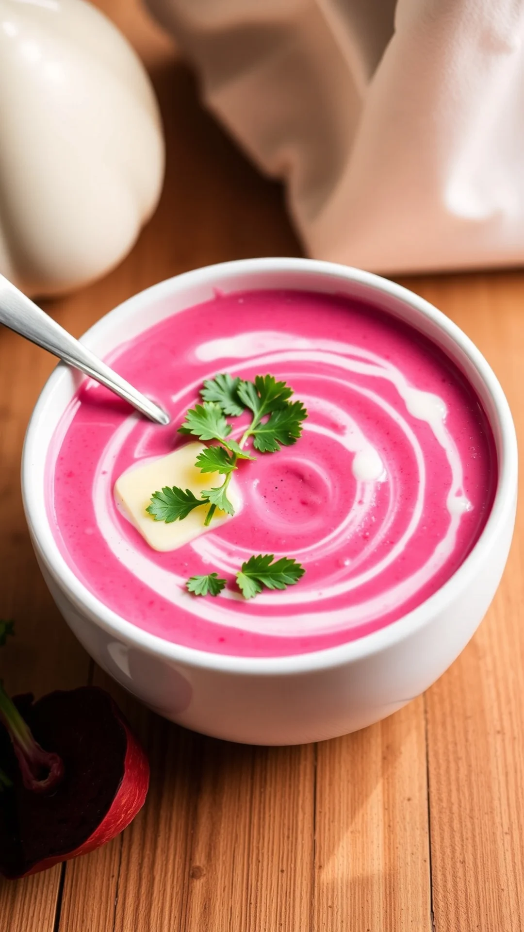 Creamy beet cauliflower soup in white bowl, vibrant pink color, butter swirl, spoon, cozy lighting, toddler meal