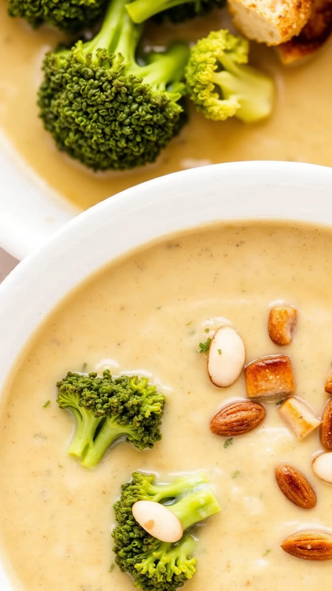 Creamy broccoli and almond soup in white bowl, smooth texture, garnished with almonds and croutons, warm and comforting, over
