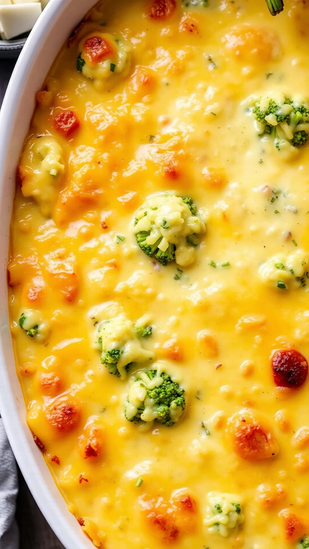 Creamy broccoli cheese gratin dish, golden-brown melted cheese topping, served in white baking dish, steam rising, comfort fo