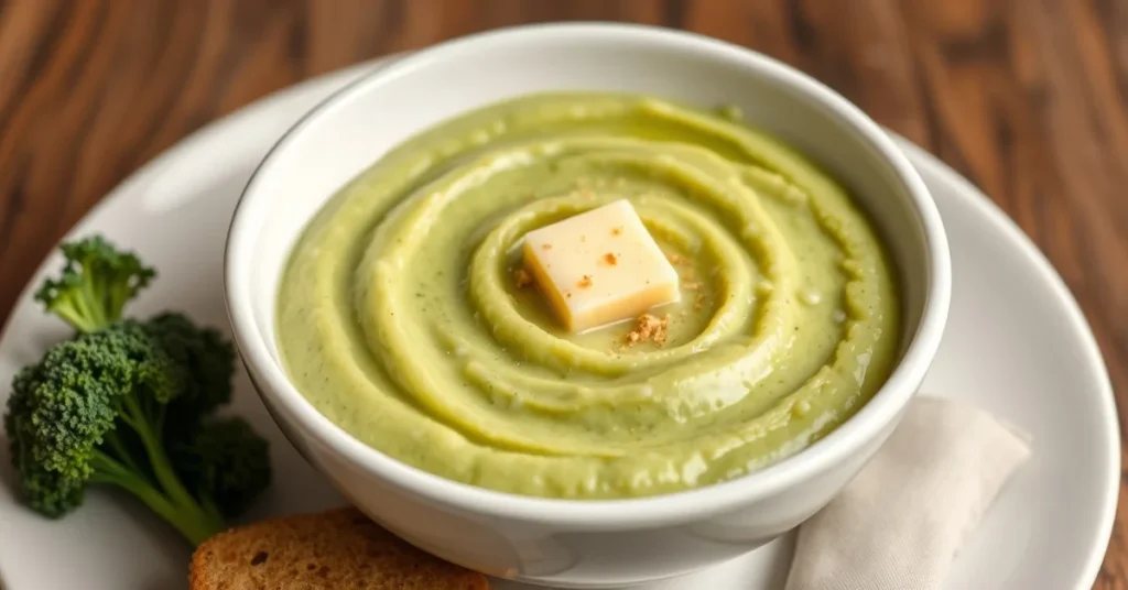 Creamy broccoli puree in white bowl, smooth texture, garnished with nutmeg and butter, professional food photography, warm li