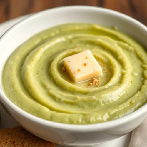 Creamy broccoli puree in white bowl, smooth texture, garnished with nutmeg and butter, professional food photography, warm li