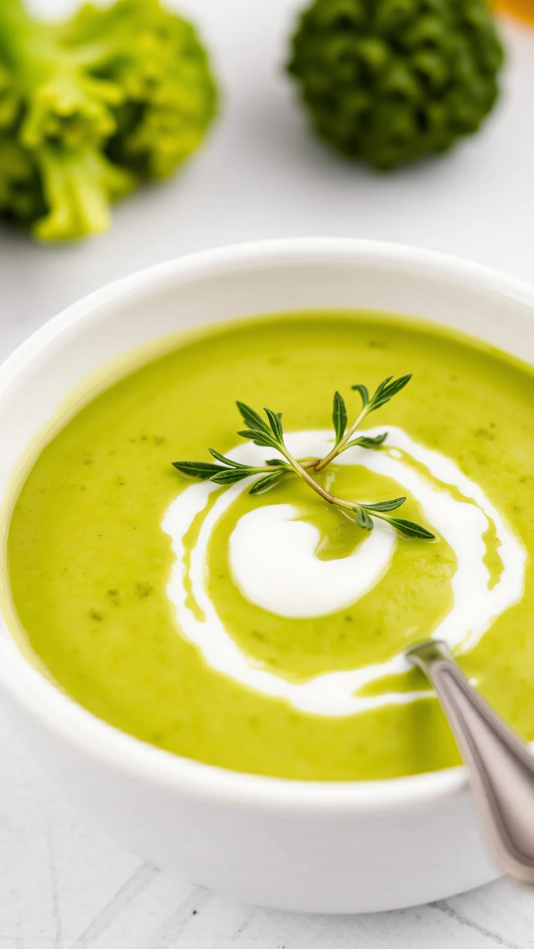 Creamy broccoli soup in white bowl, smooth green texture, cream swirl on top, fresh herbs garnish, warm and comforting, profe