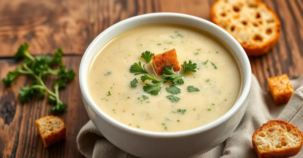 Creamy broccoli soup in white bowl, steaming hot, garnished with fresh parsley and croutons, rustic wooden table background,