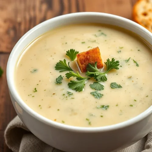 Creamy broccoli soup in white bowl, steaming hot, garnished with fresh parsley and croutons, rustic wooden table background,