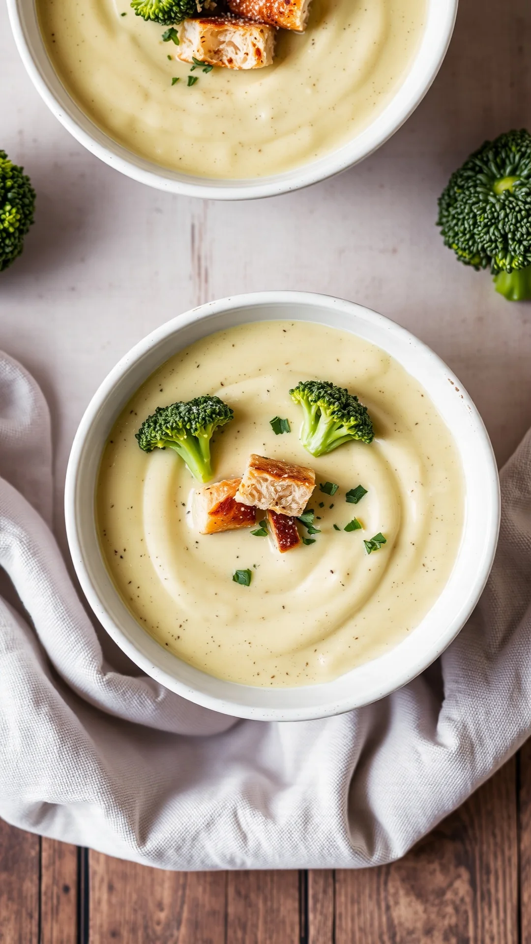 Creamy broccoli soup in white bowl with smooth texture, fresh croutons, herbs garnish, warm comfort food, overhead shot, cozy