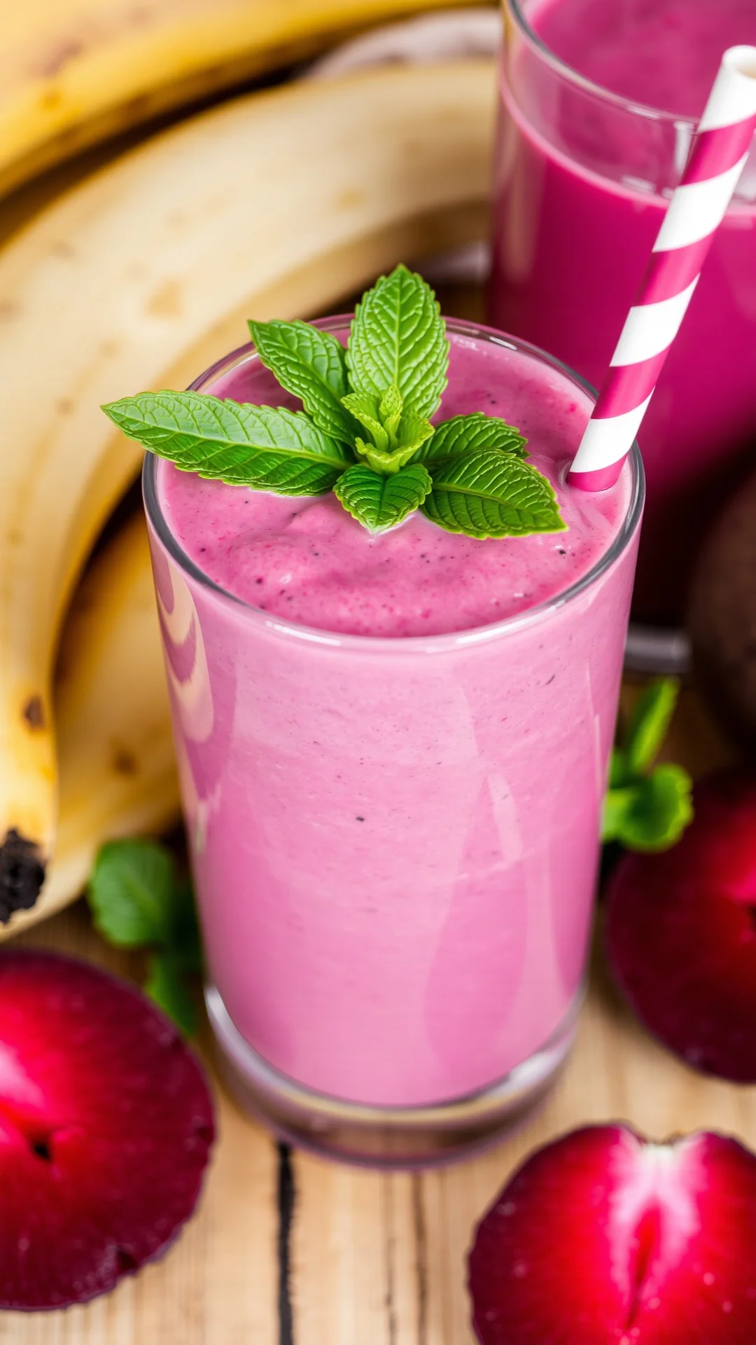 Creamy burgundy and pink smoothie glass with beet banana smoothie, fresh mint garnish, healthy drink, nutritious breakfast be