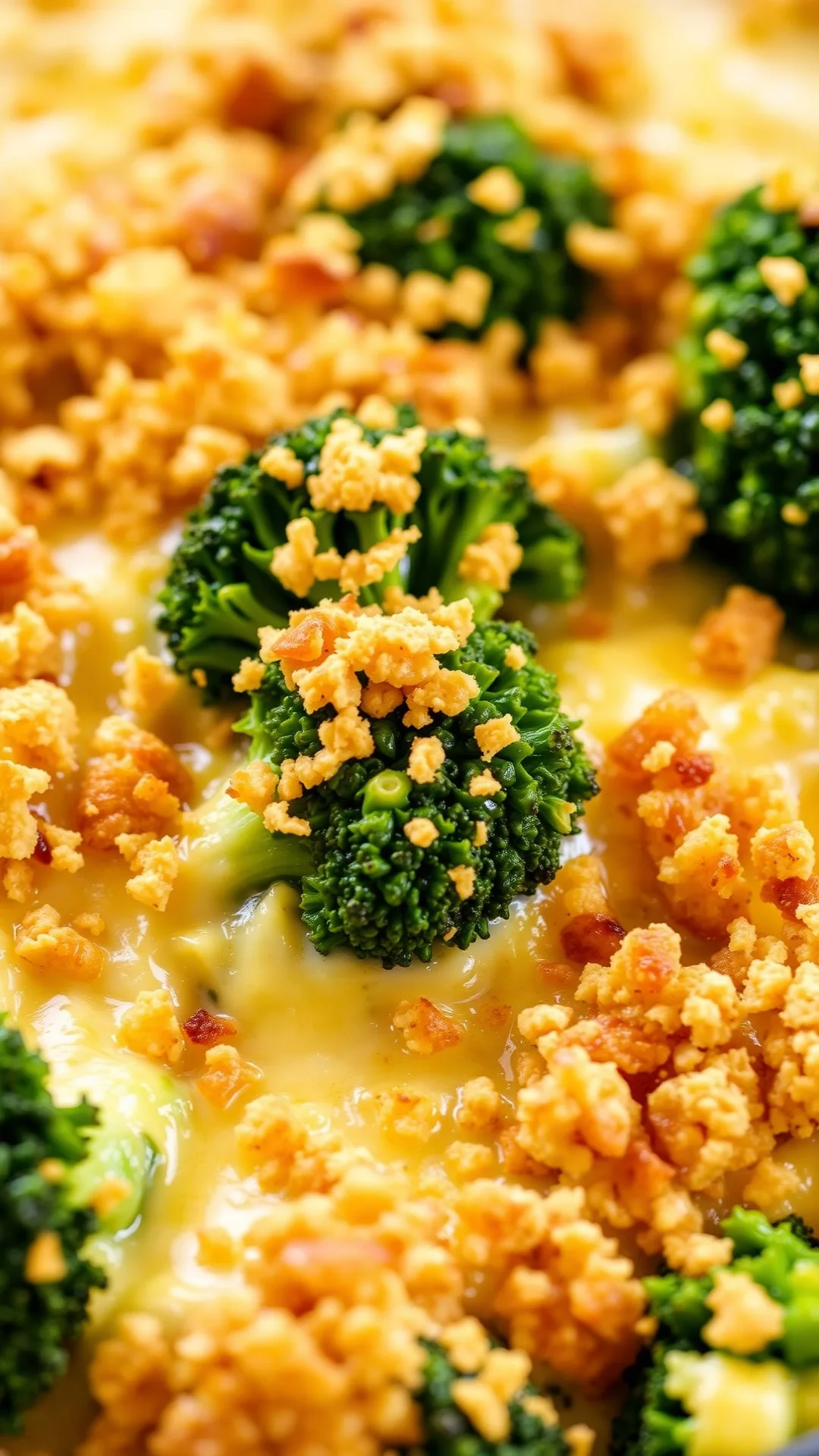 Creamy cheese-baked broccoli gratin with golden breadcrumb topping, bubbling hot from oven, close-up shot, comfort food, prof