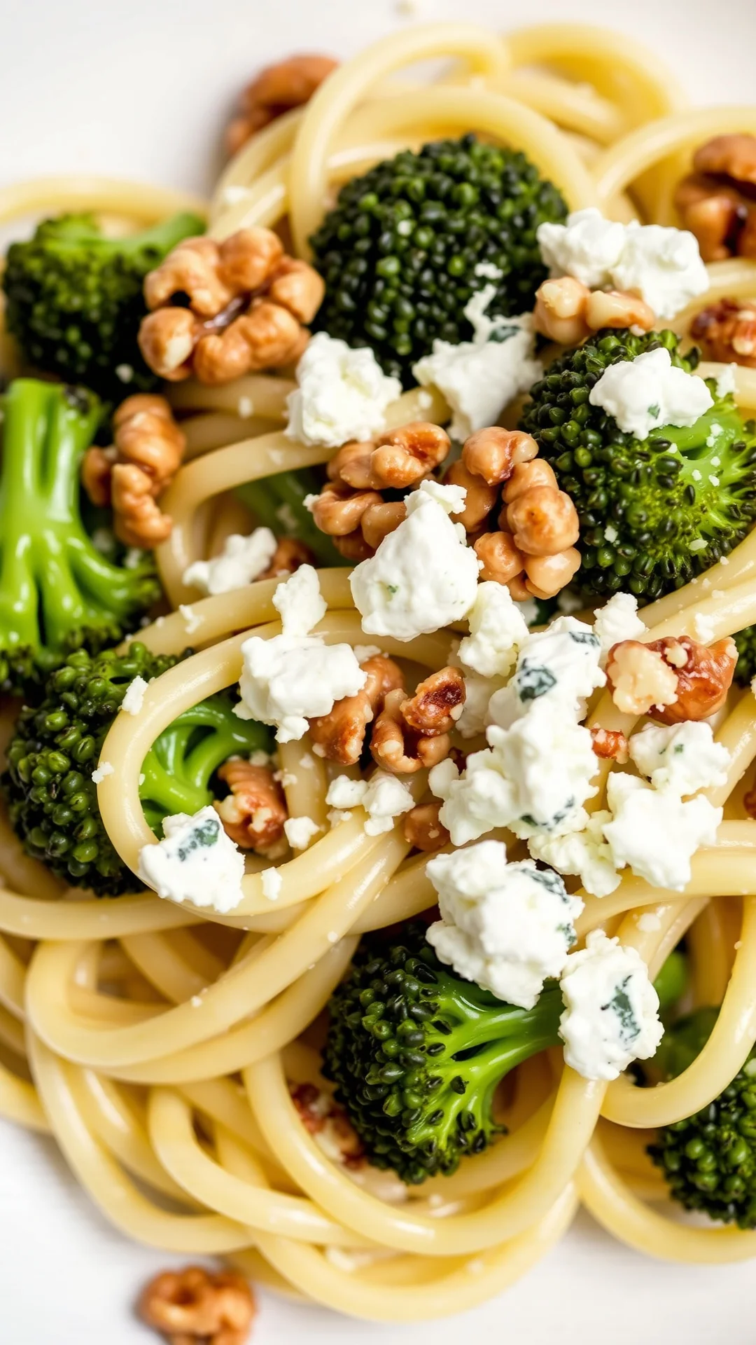 Creamy pasta with tender broccoli florets and crumbled blue cheese, garnished with toasted walnuts, plate view, rich and luxu