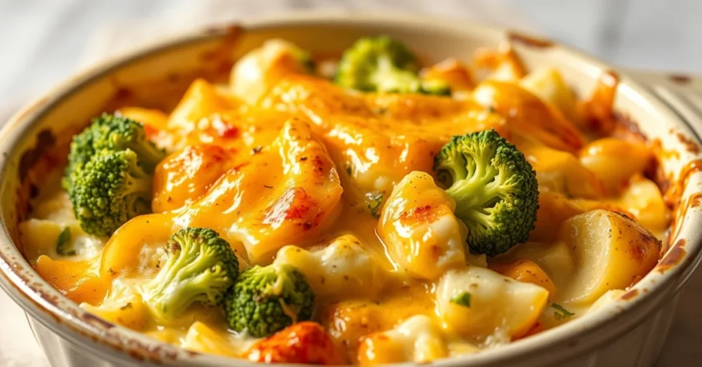 Creamy potato and broccoli gratin dish, golden melted cheese topping, fresh steaming vegetables, rustic ceramic baking dish,