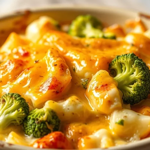 Creamy potato and broccoli gratin dish, golden melted cheese topping, fresh steaming vegetables, rustic ceramic baking dish,