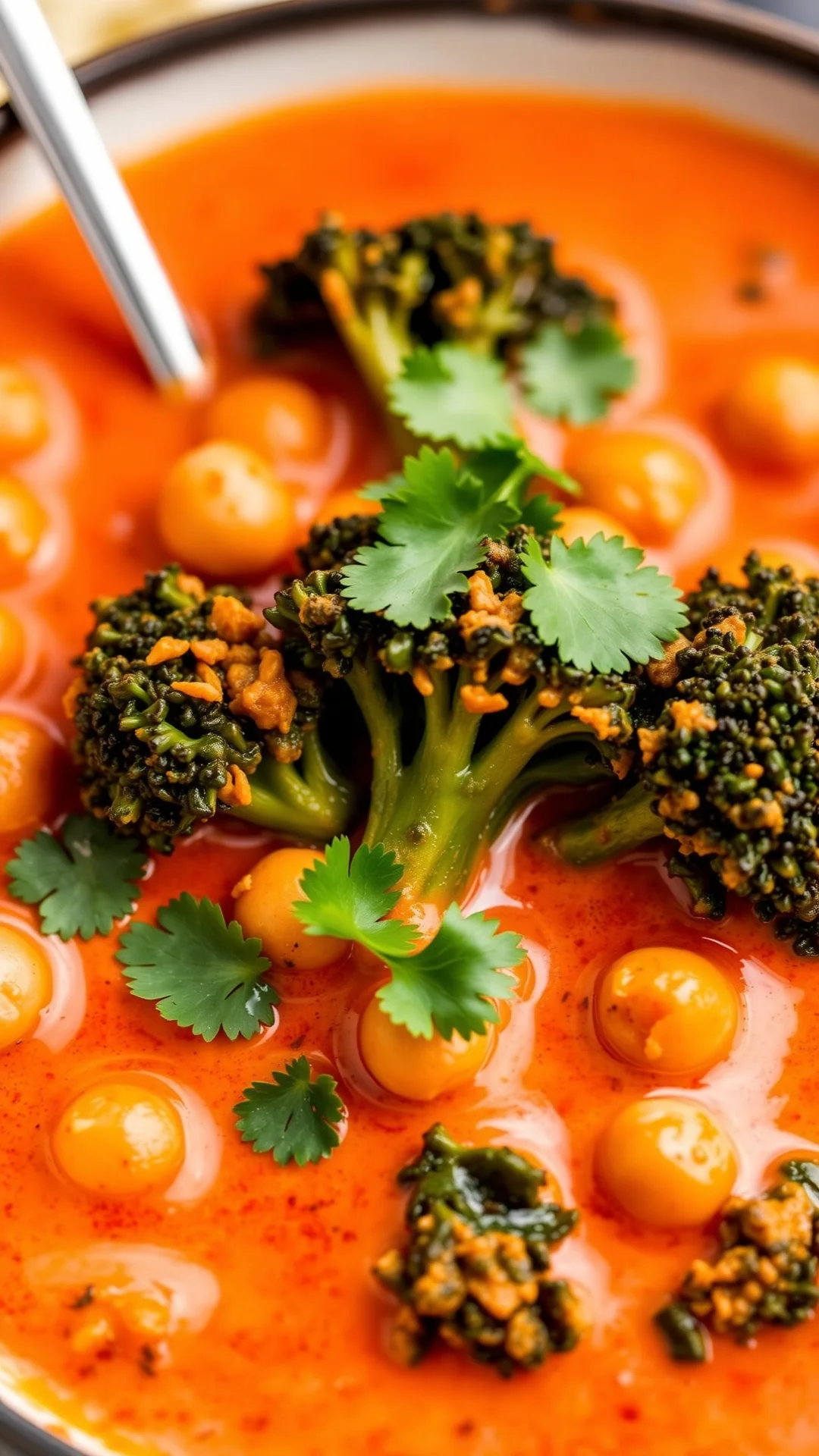 Creamy red curry broccoli with chickpeas in coconut milk, Thai spice dish, garnished with cilantro, steaming hot, appetizing