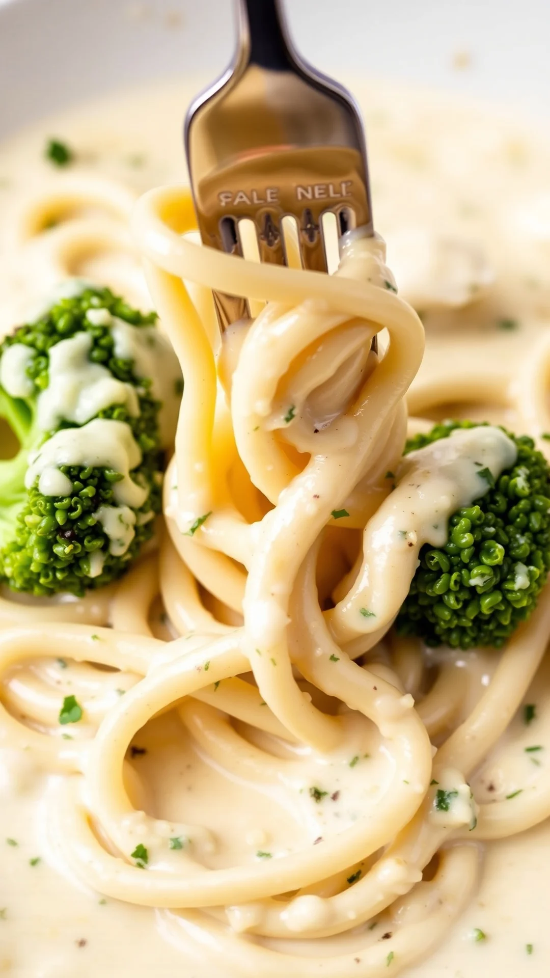 Creamy sauce pasta with broccoli, fresh cream, melted cheese, butter, Italian cuisine, fork twirling pasta, professional food