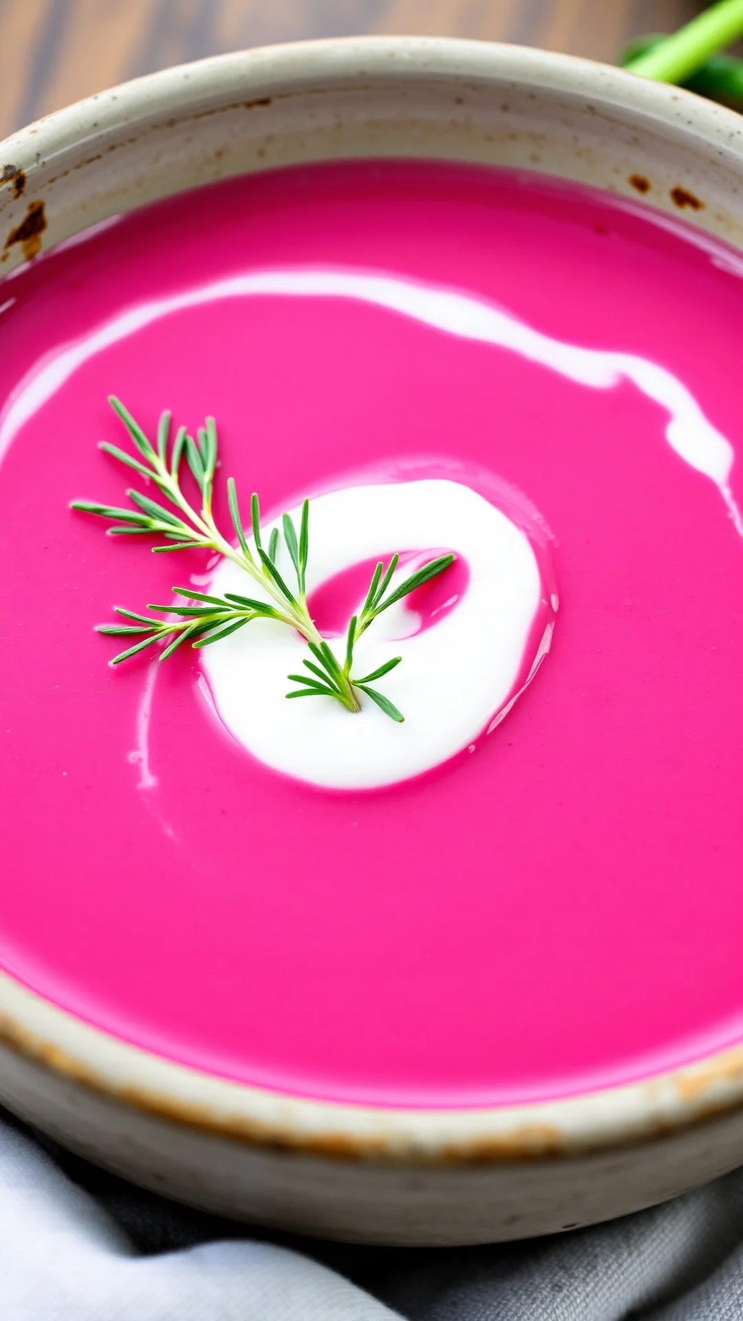 Creamy smooth beet soup with dollop of fresh cheese, fresh dill garnish, and crème fraîche swirl. Vibrant pink-purple color