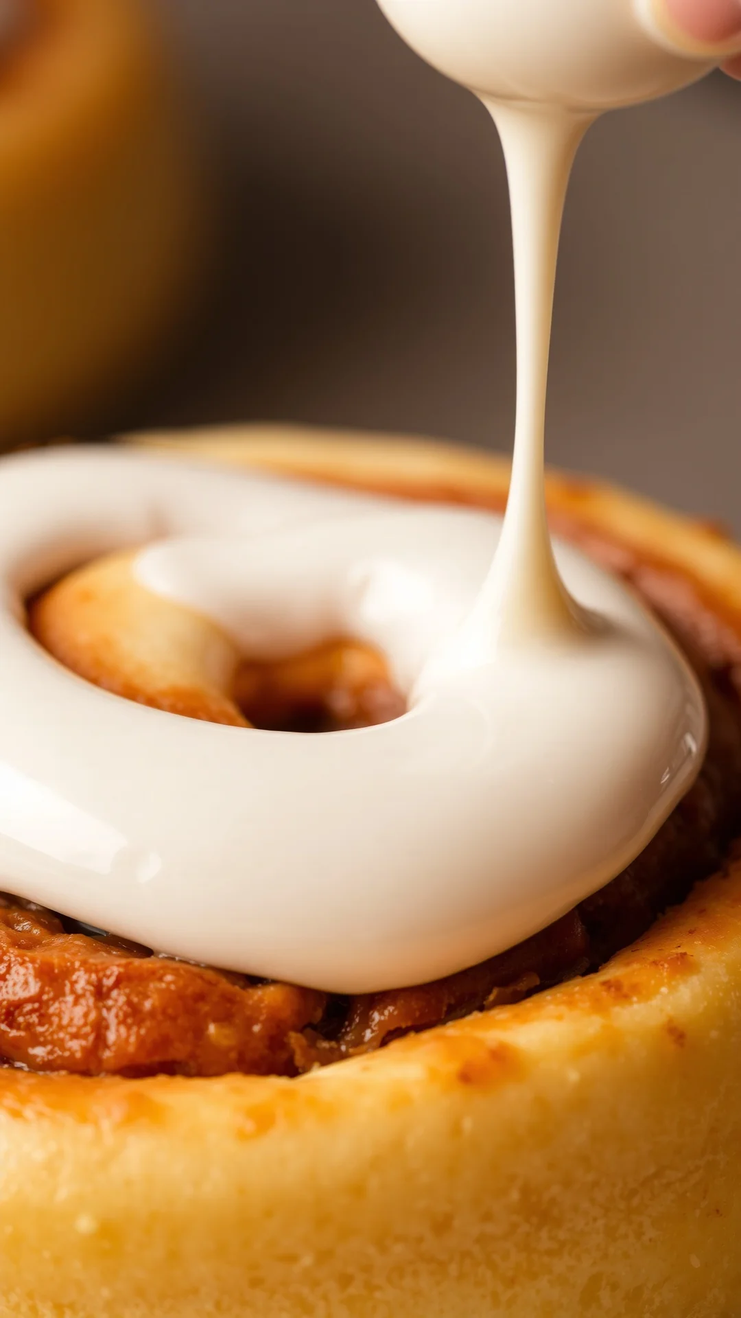 Creamy white icing being spread on warm cinnamon roll, detailed close-up macro photography, golden brown pastry, smooth frost