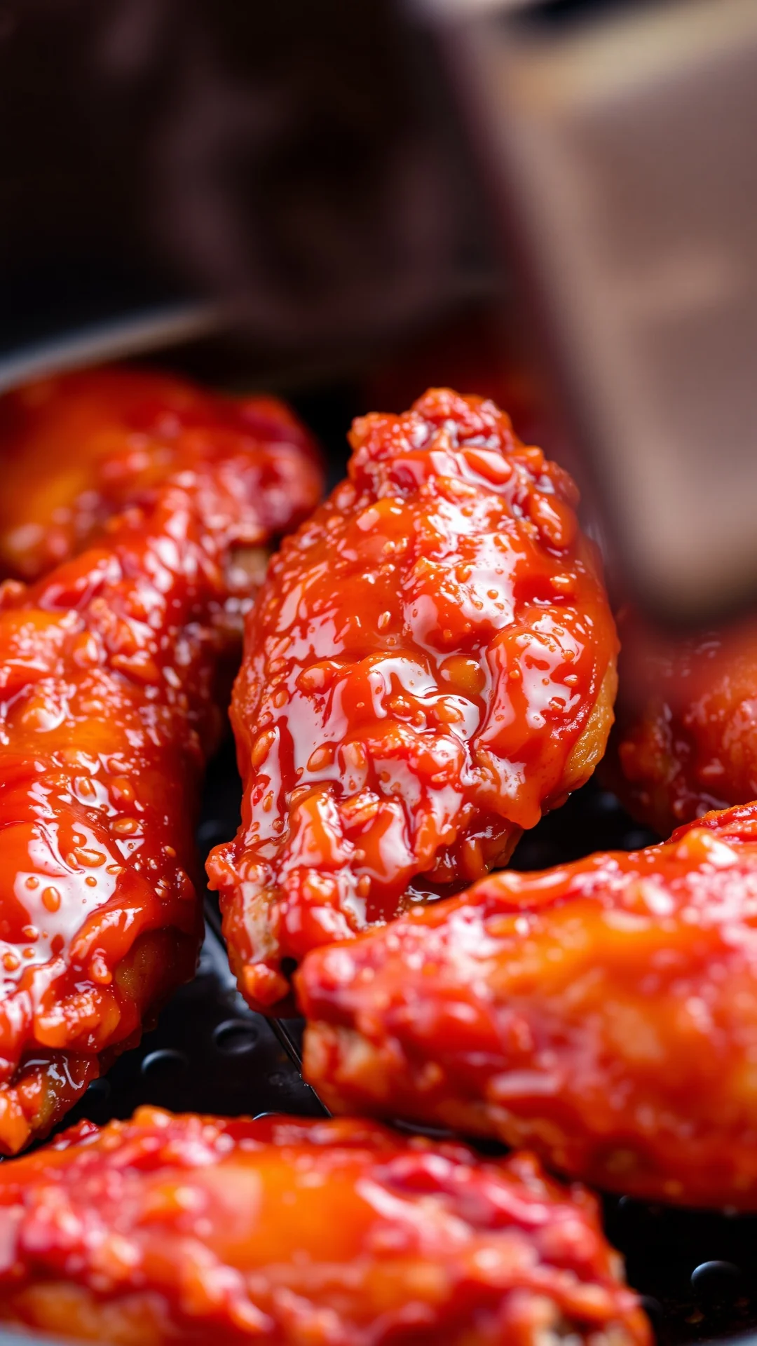 Crispy BBQ chicken wings air fryer, glistening sauce, golden brown coloring, close-up food photography, appetizer styling, wa