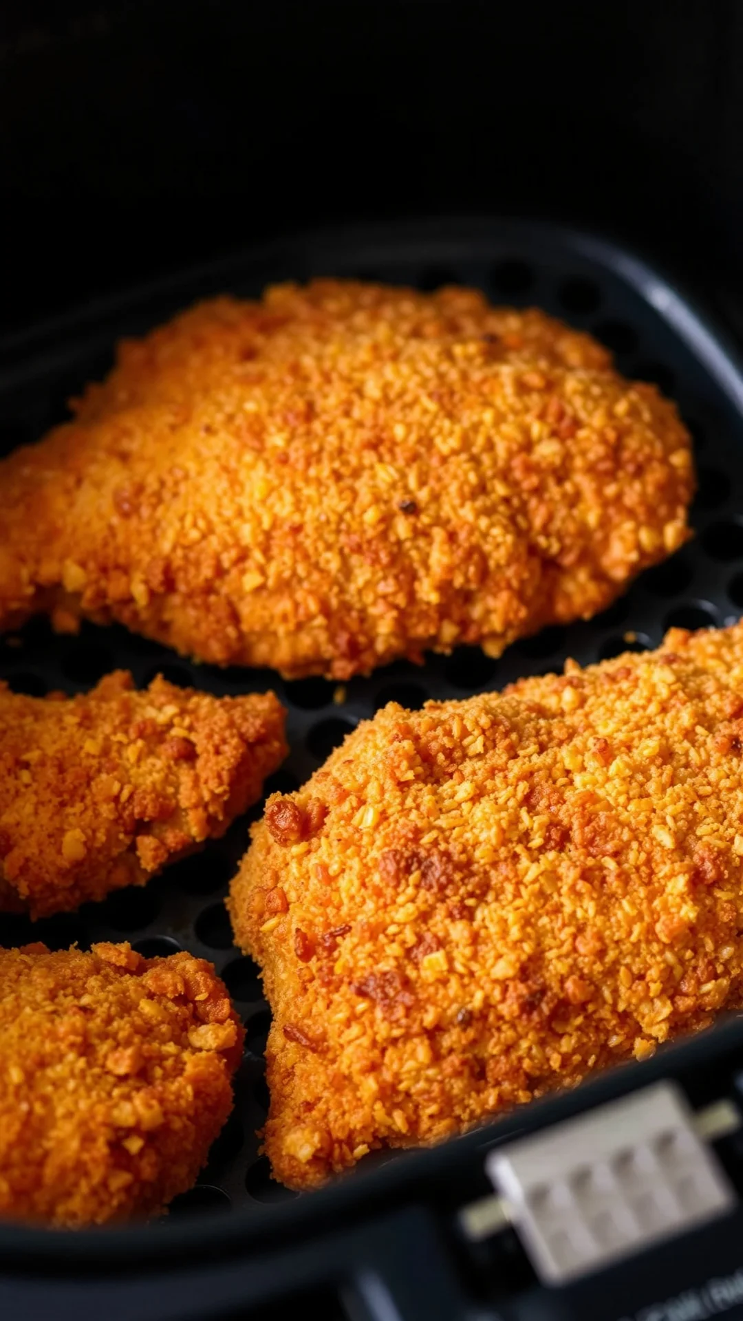 Crispy golden fried chicken breasts in air fryer basket, close-up food photography, golden breading, appetizing dinner
