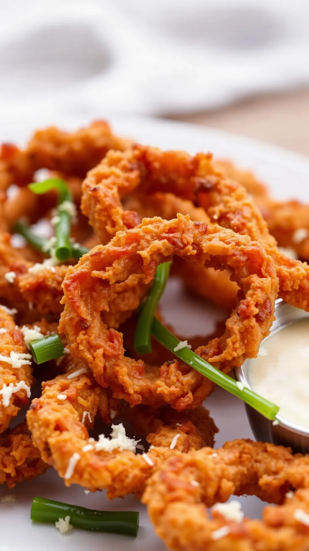 Crispy green onion rings with parmesan cheese, golden brown air fryer snack, close-up macro photography, appetizer plating, s