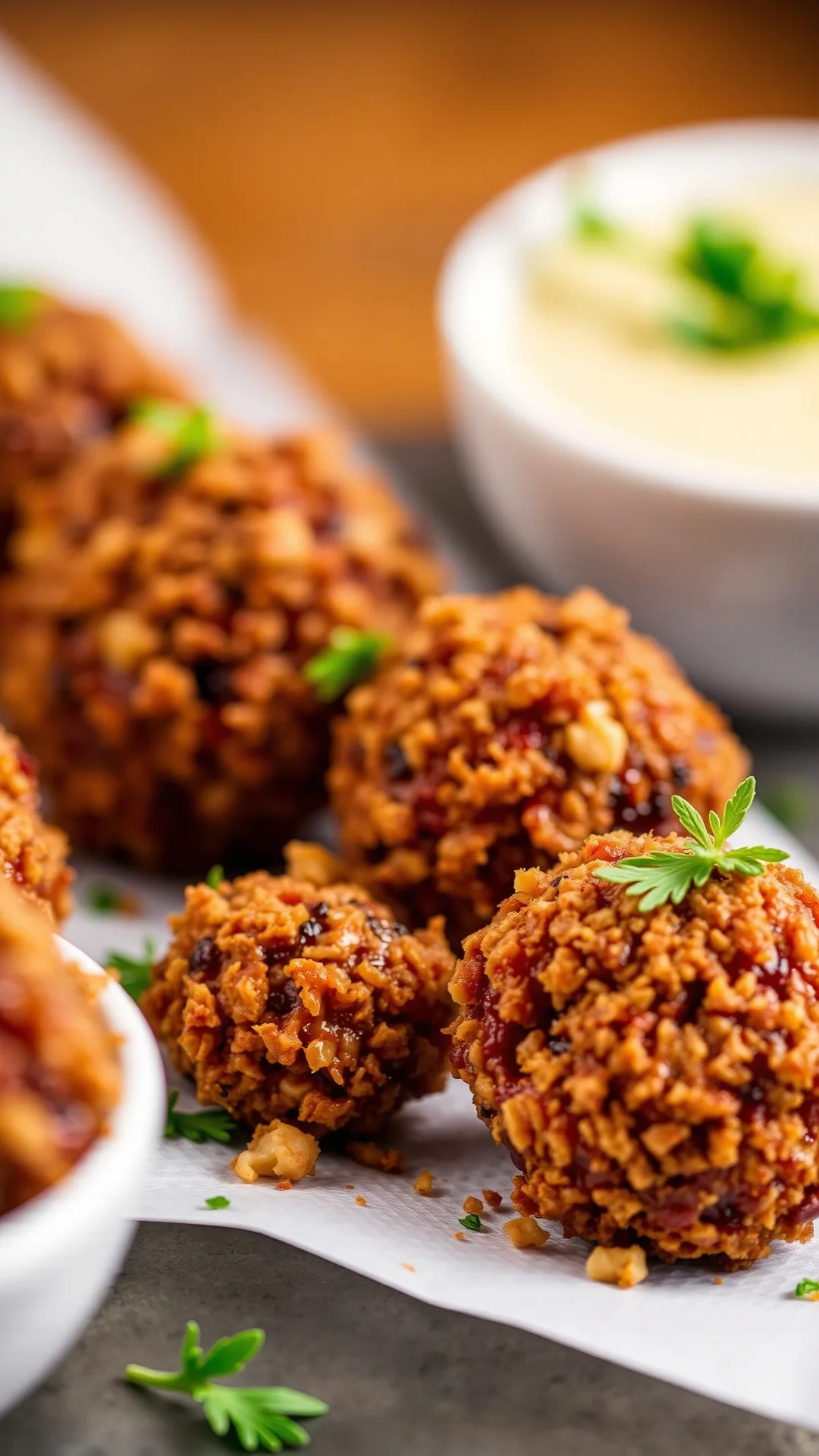 Crispy roasted beet and hazelnut bites, golden brown texture, closeup macro shot, appetizer presentation, garnished with fres