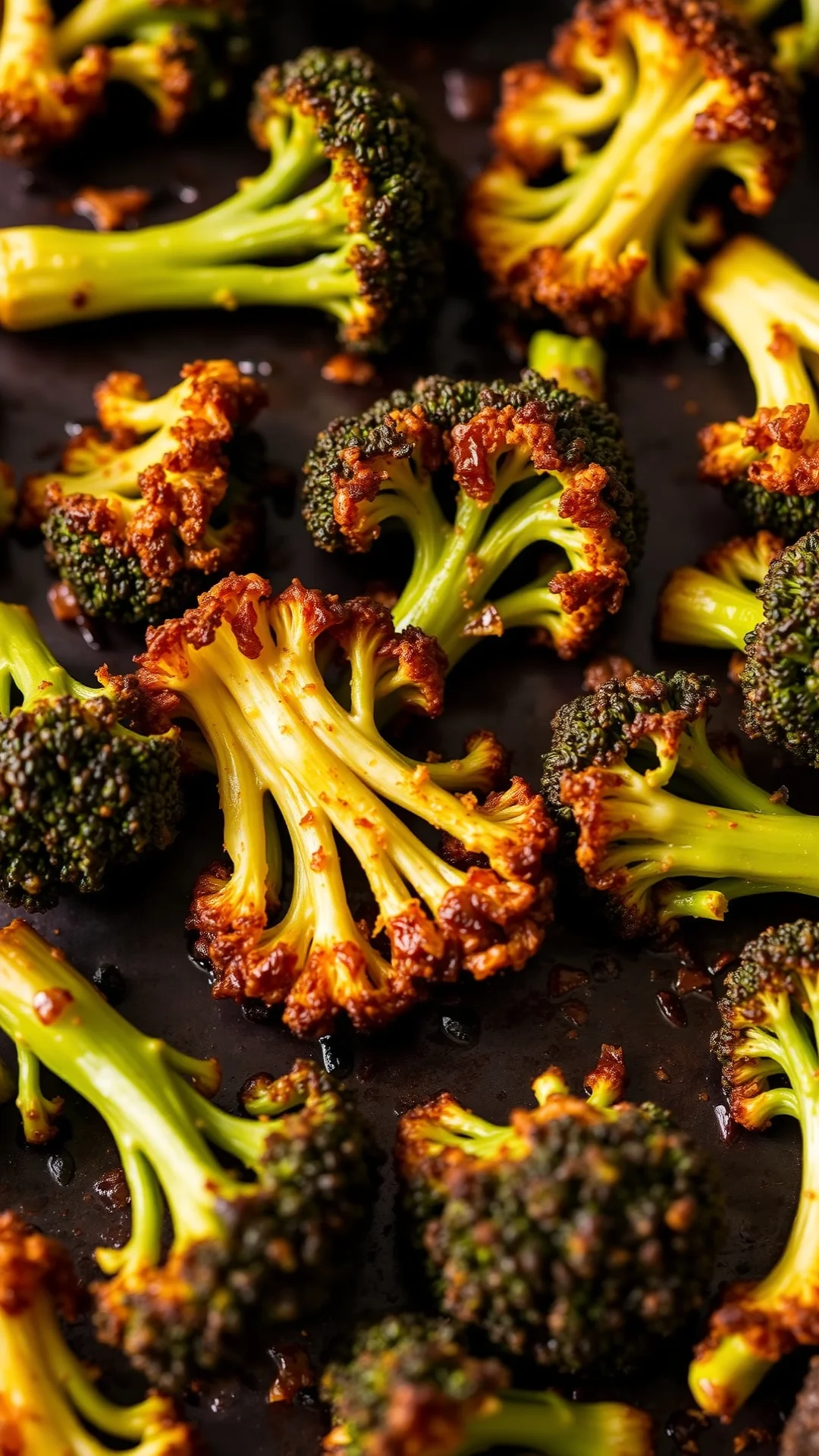 Crispy roasted broccoli florets with caramelized edges on dark baking sheet, smoked paprika seasoning visible, golden-brown c