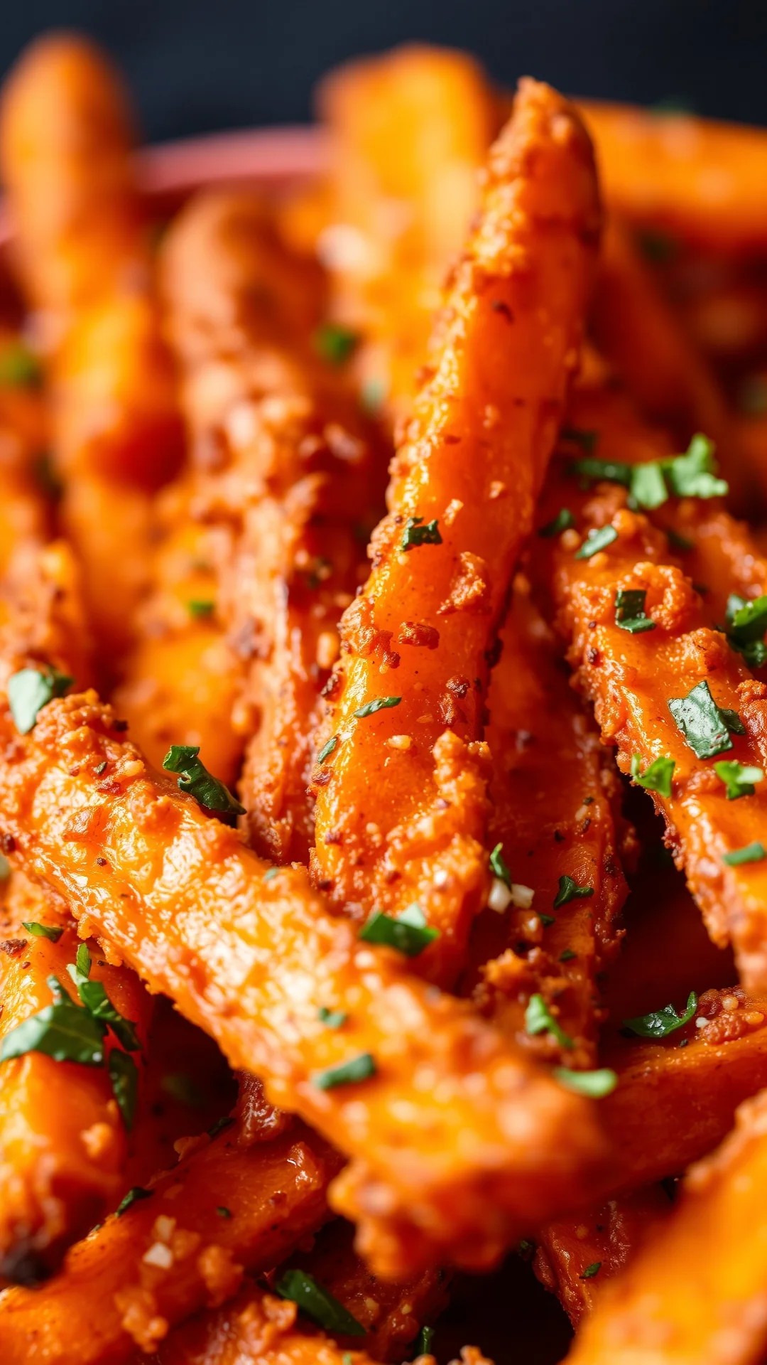 Crispy sweet potato fries air fried, golden orange fries, herbs garnish, close-up appetizing food photography
