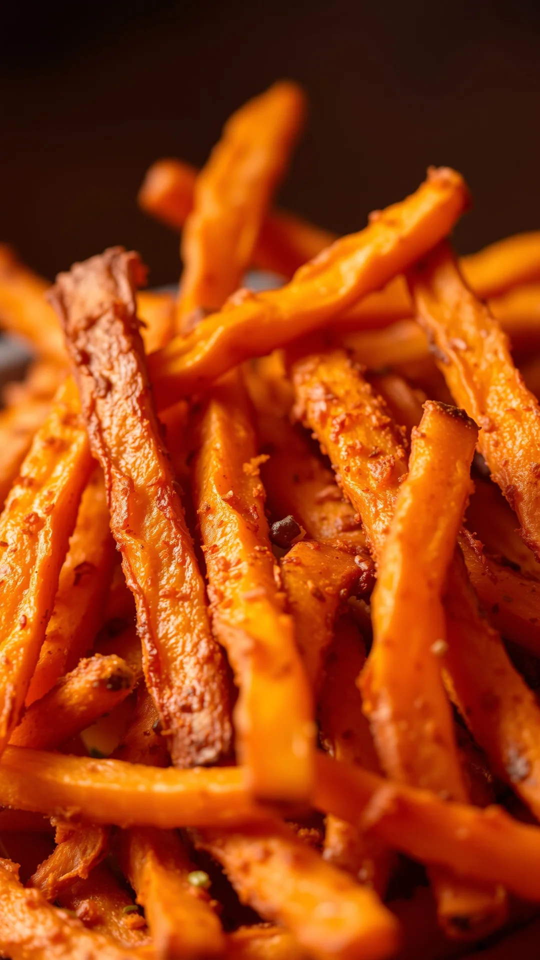 Crispy sweet potato fries golden brown in pile, seasoned paprika, healthy snack, professional food styling, warm studio light