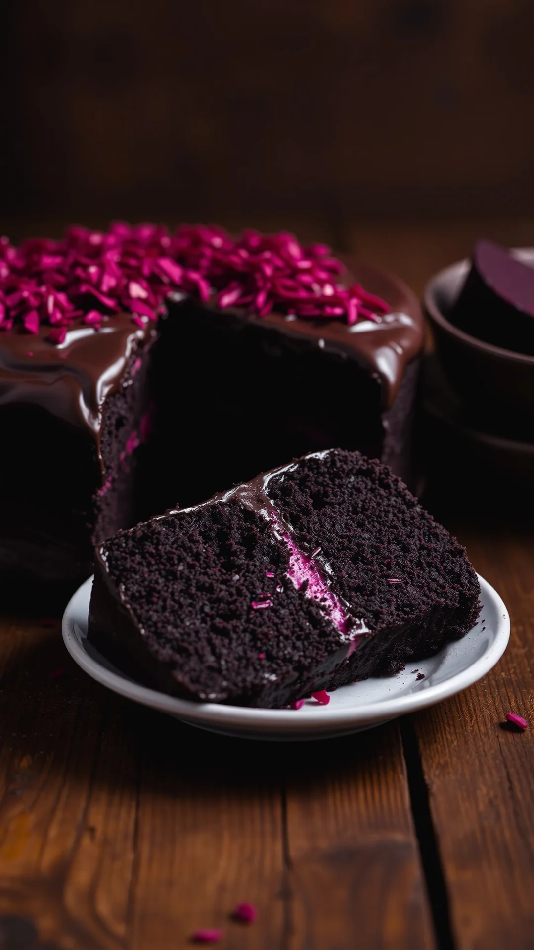 Dark chocolate cake with grated beets, glossy frosting, slice on plate, rustic wooden table, moody lighting, close-up food ph